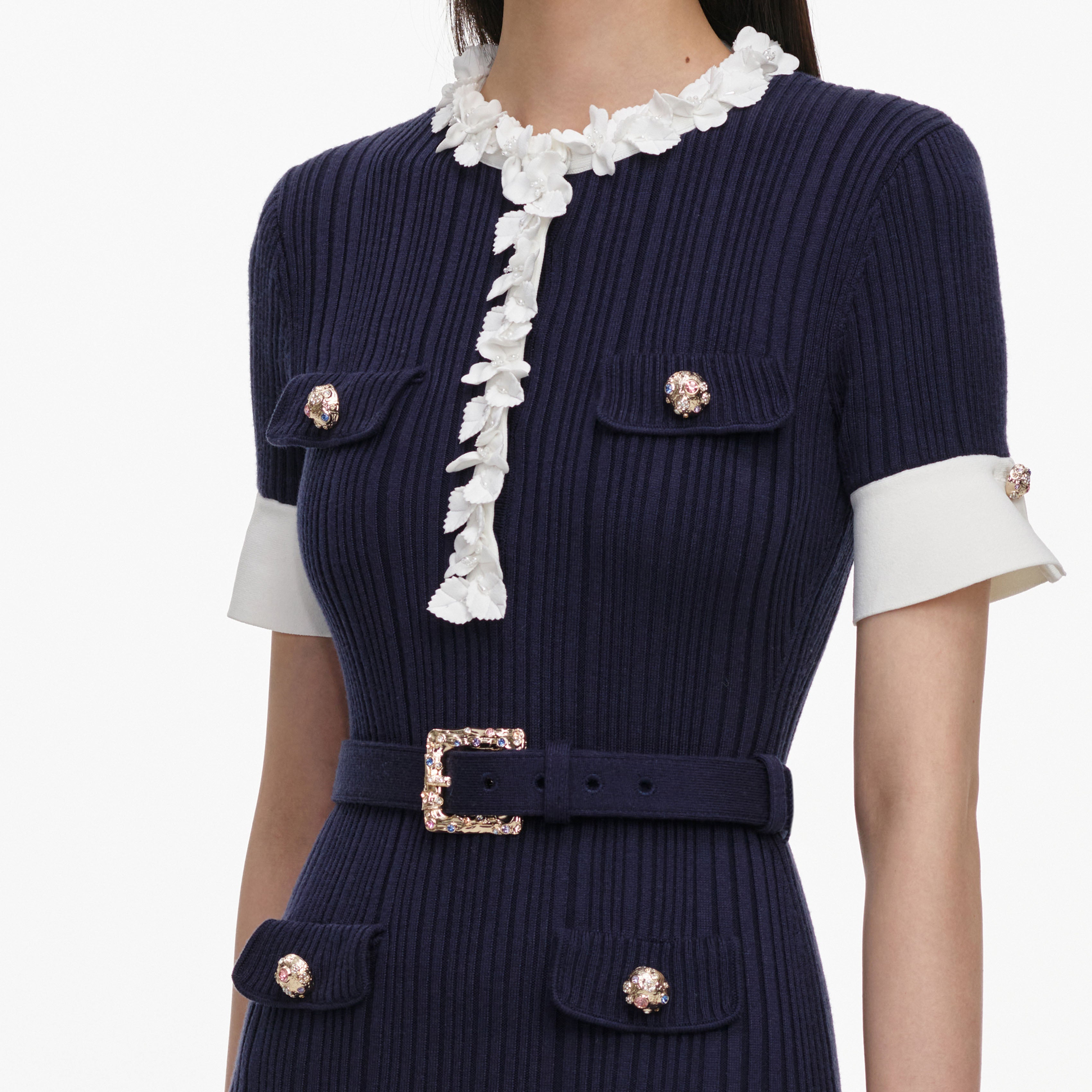 Self Portrait Navy Rib Knit Midi Dress Strickkleid Navy