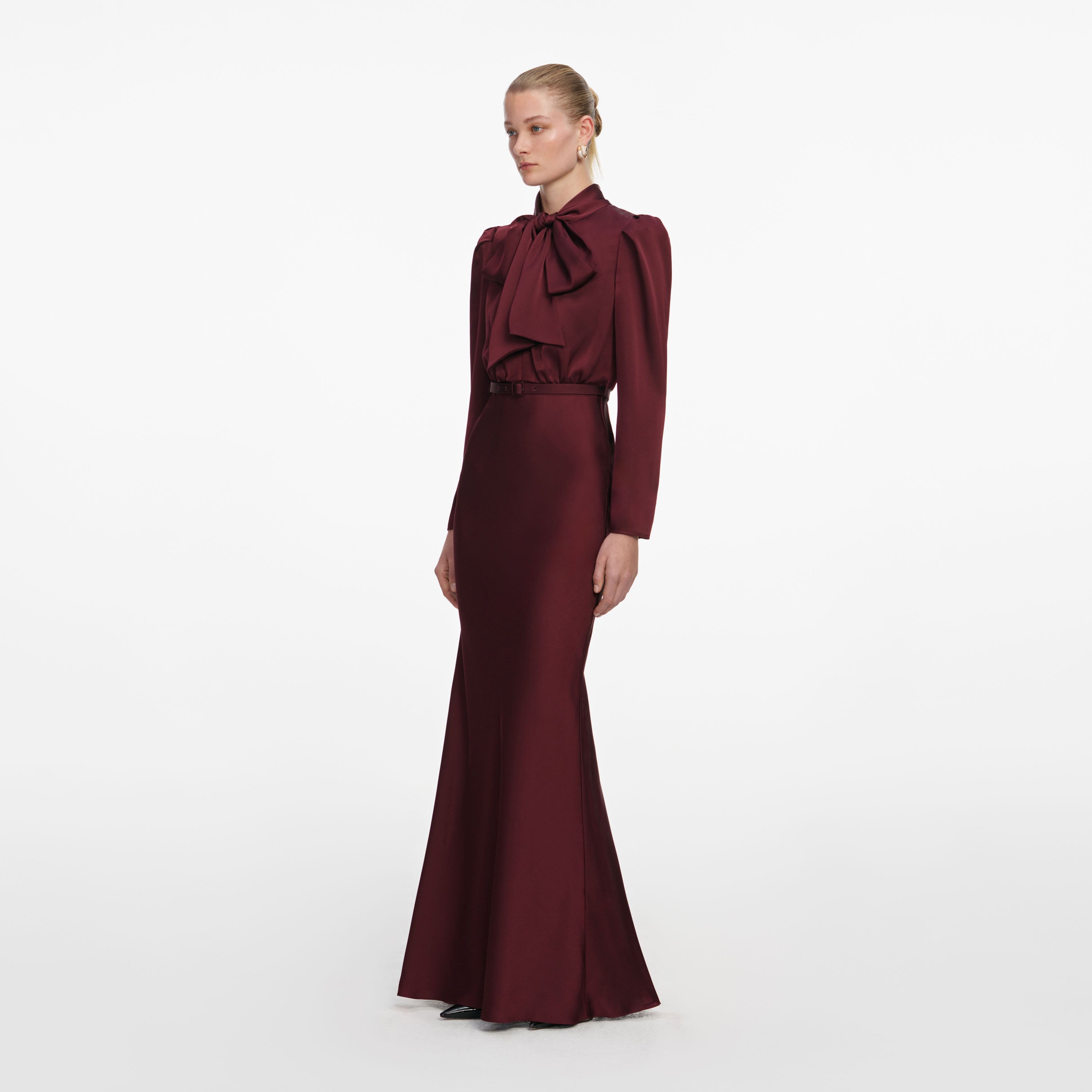 Self Portrait Burgundy Tie Neck Satin Maxi Dress Burgunder UK 8
