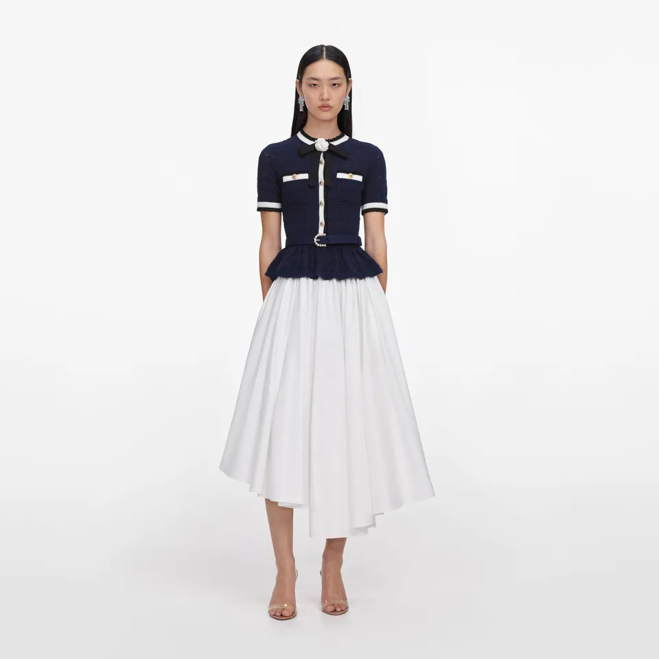 Self Portrait Navy Peplum Pointelle Knit Top Stricktop S