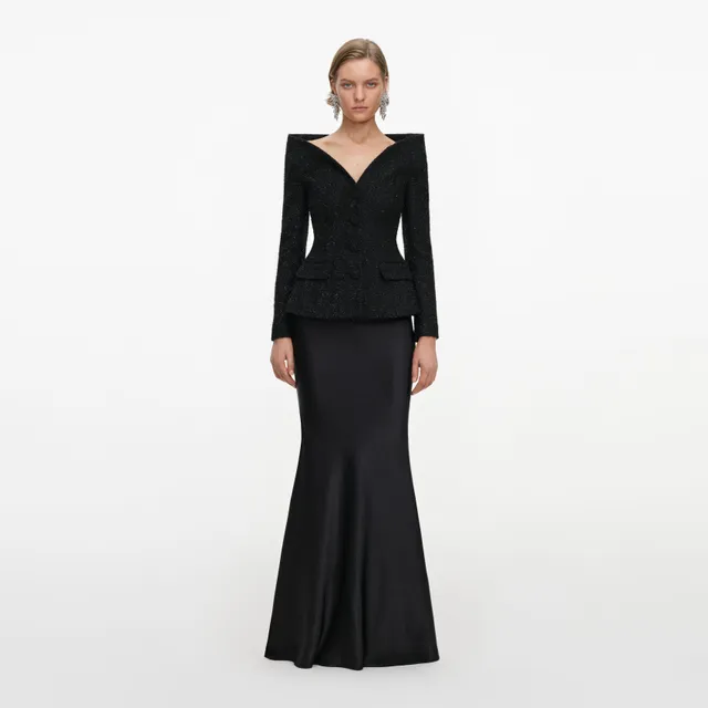 Self-Portrait Black Metallic Boucle Maxikleid Schwarz Satin