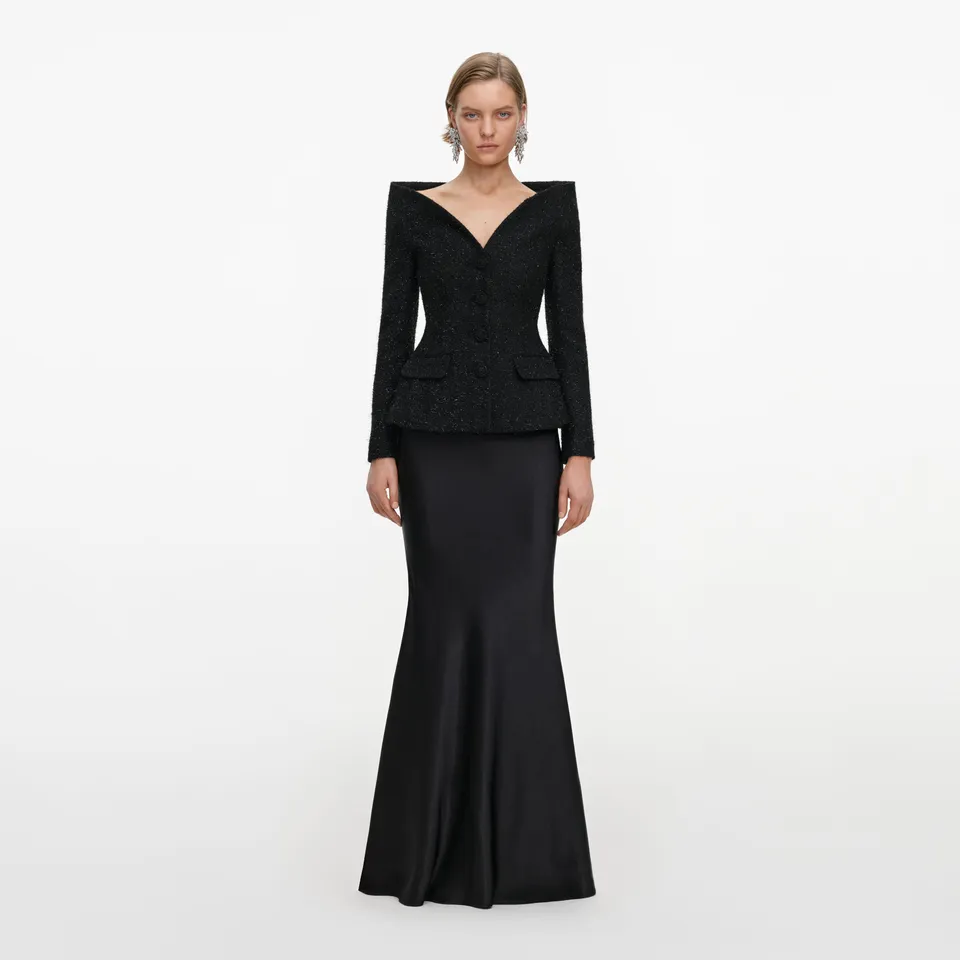 Self-Portrait Black Metallic Boucle Maxikleid Schwarz Satin