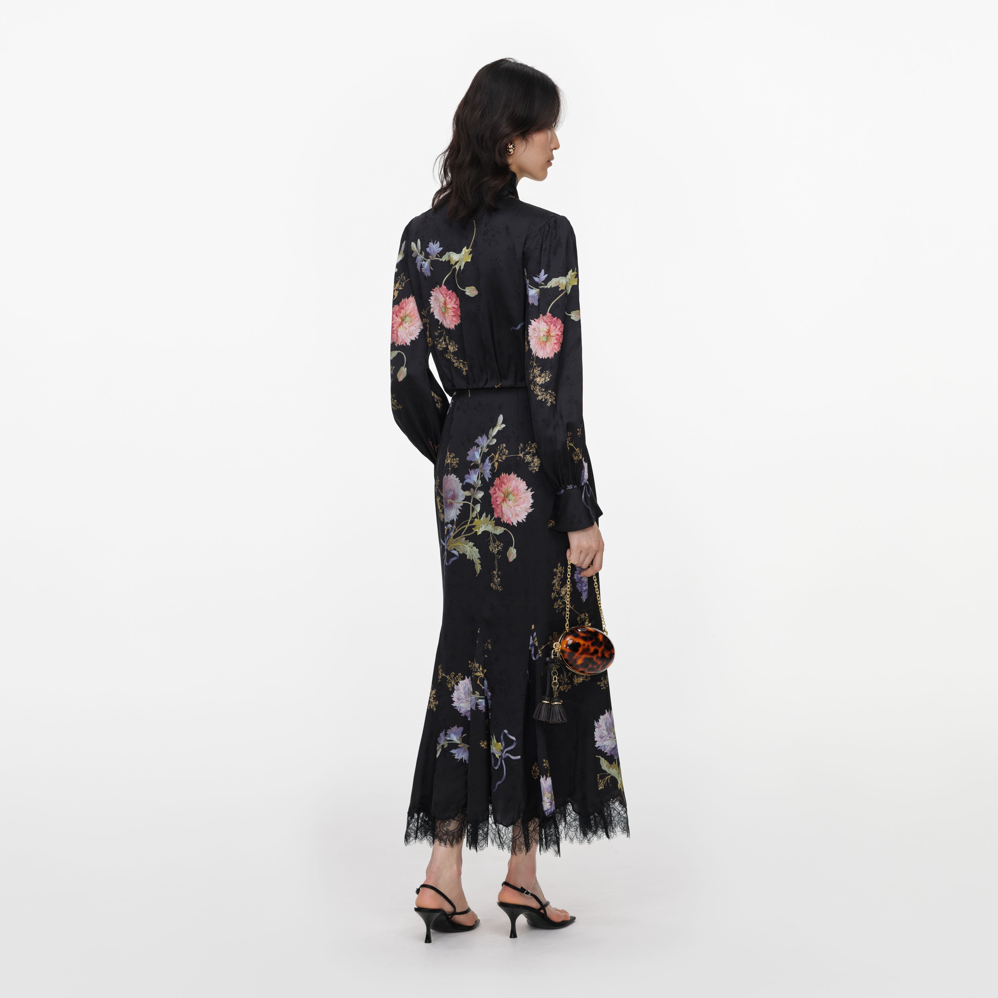Self Portrait Black Satin Floral Midi Kleid Schwarz Blumen