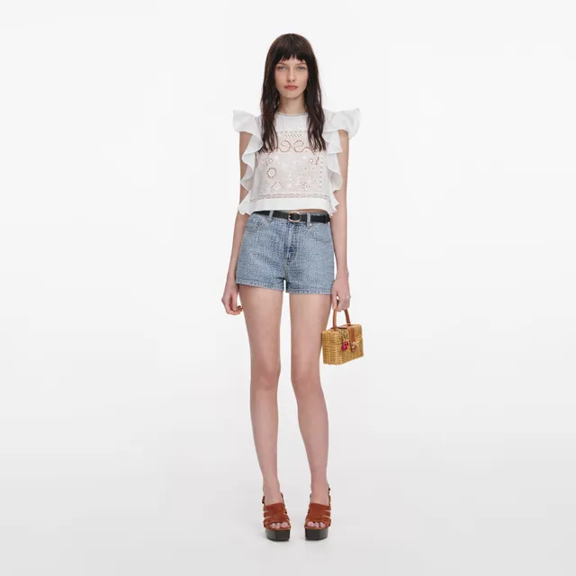 Self Portrait Ramie Lace Top Bluse Weiß Rüschen Cropped