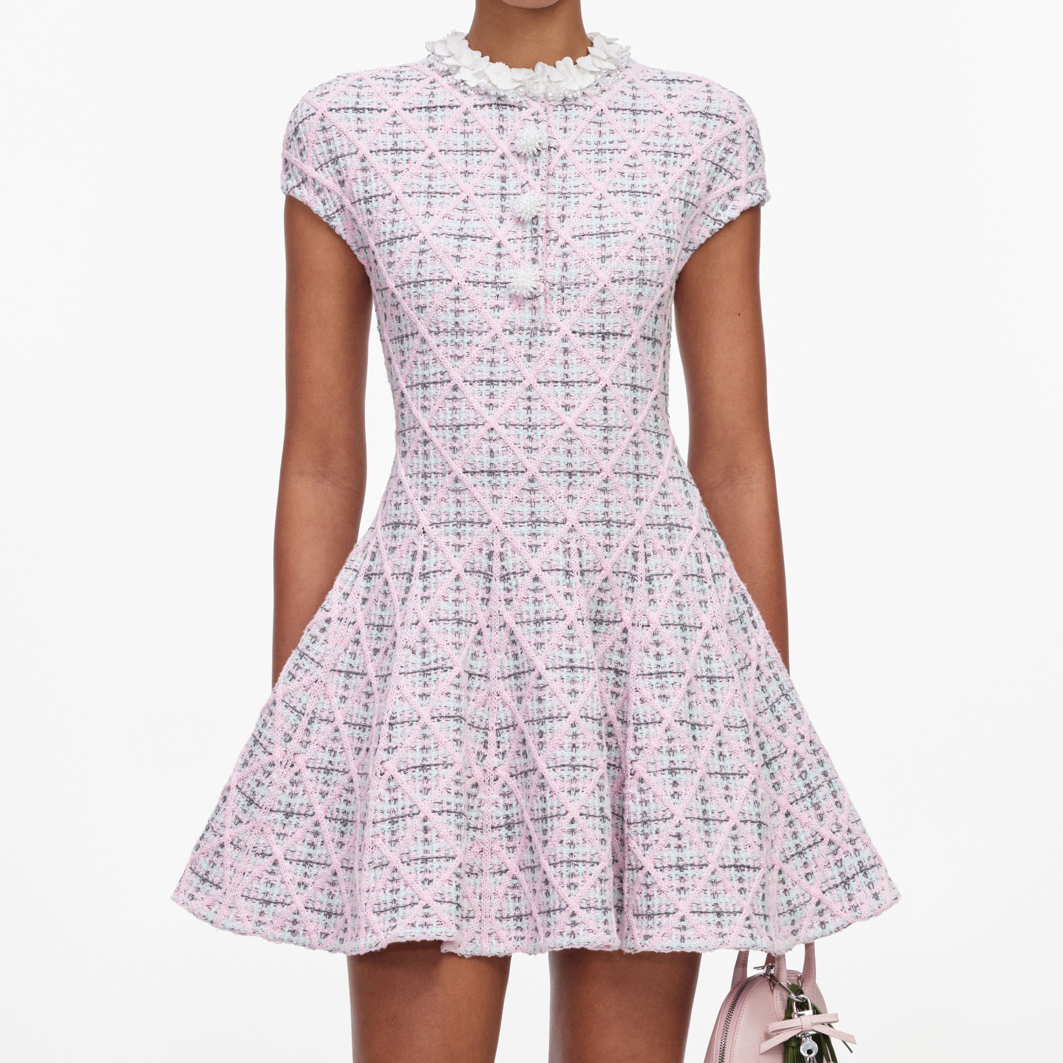 Self Portrait Check Strick Minikleid Rosa Perlen Knopfleiste
