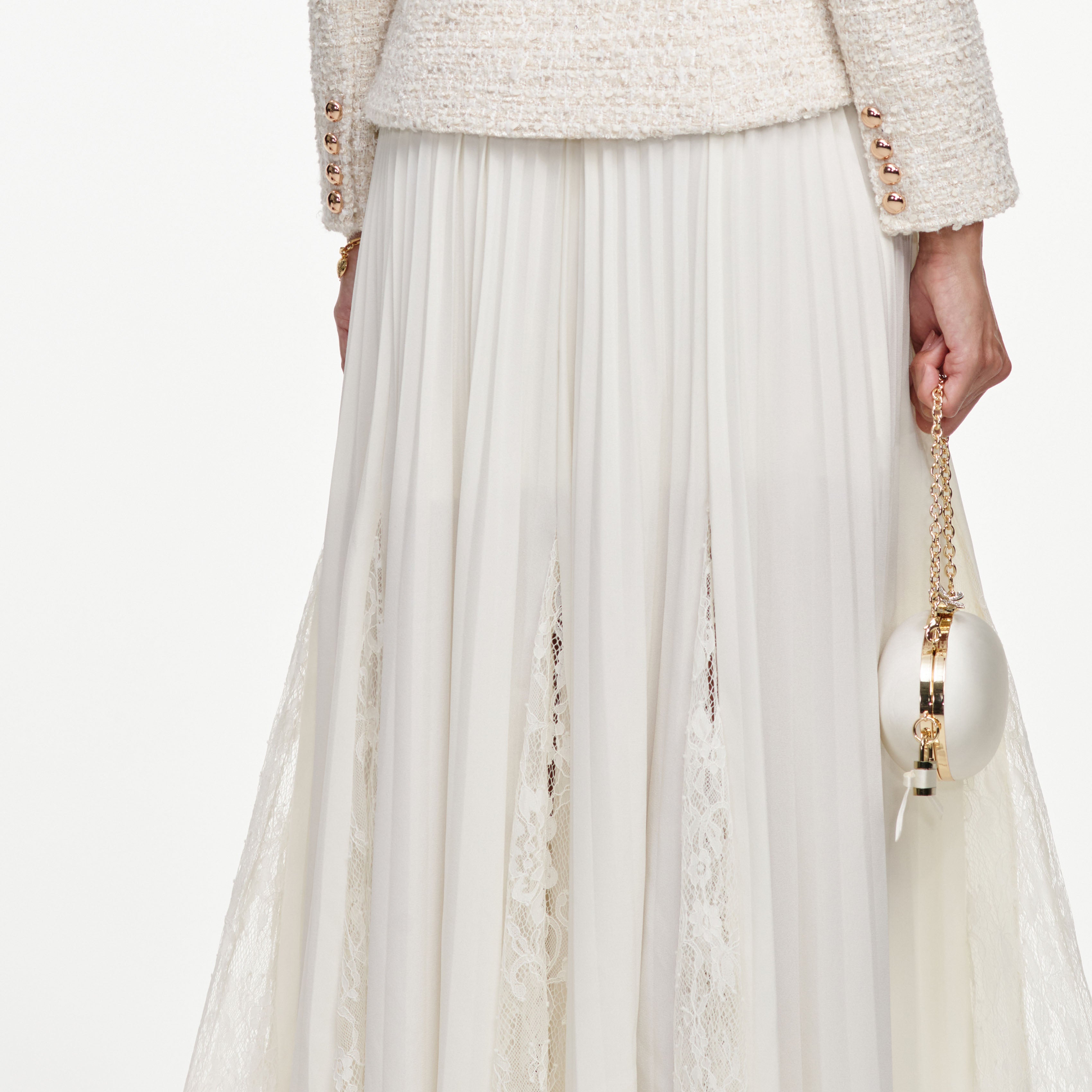 Self Portrait Cream Boucle Chiffon Midi Kleid Creme