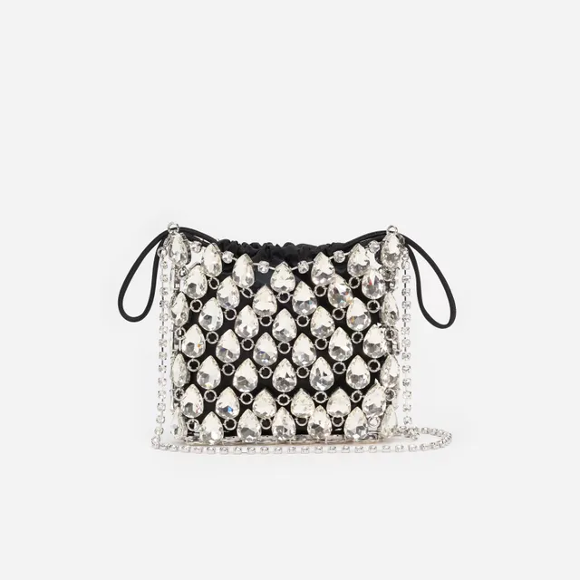 Self Portrait Silver Crystal Chainmail Mini Tasche Schwarz