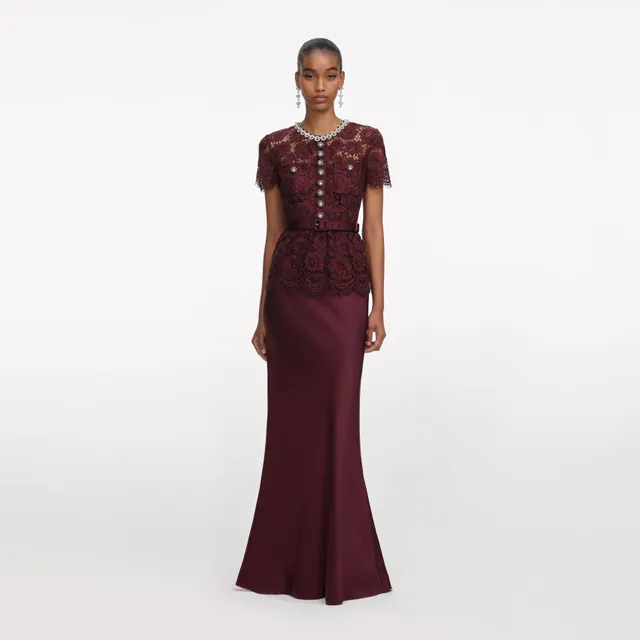 Self Portrait Burgundy Lace Satin Maxi Kleid Burgund UK 8
