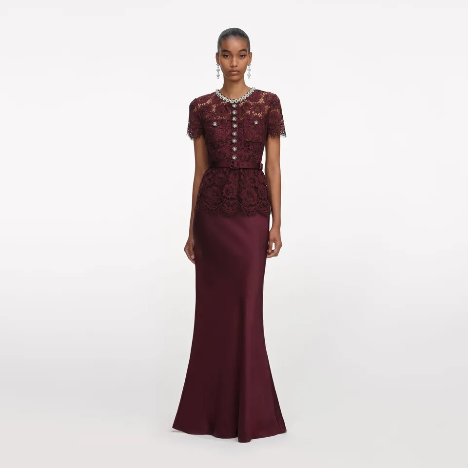 Self Portrait Burgundy Lace Satin Maxi Kleid Burgund UK 8