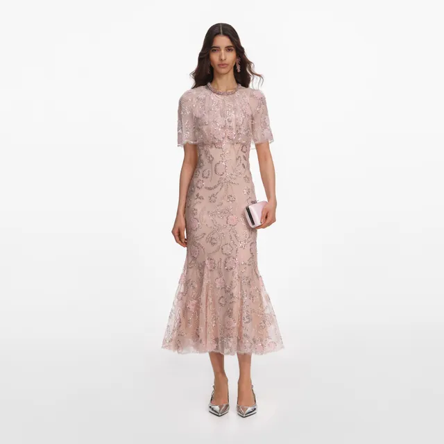 Self Portrait Pailletten Midikleid Rosa Cape Strass