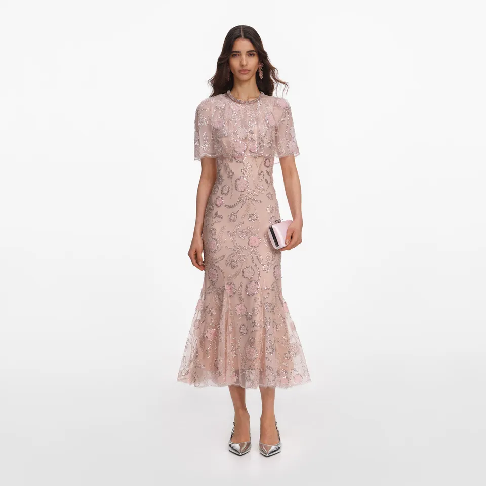 Self Portrait Pailletten Midikleid Rosa Cape Strass