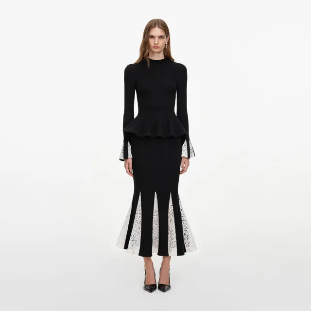 Self Portrait Black Lace Knit Midi Kleid Schwarz Spitze