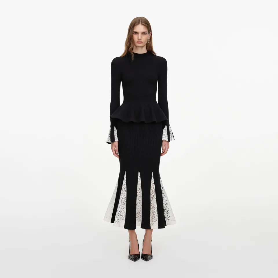 Self Portrait Black Lace Knit Midi Kleid Schwarz Spitze
