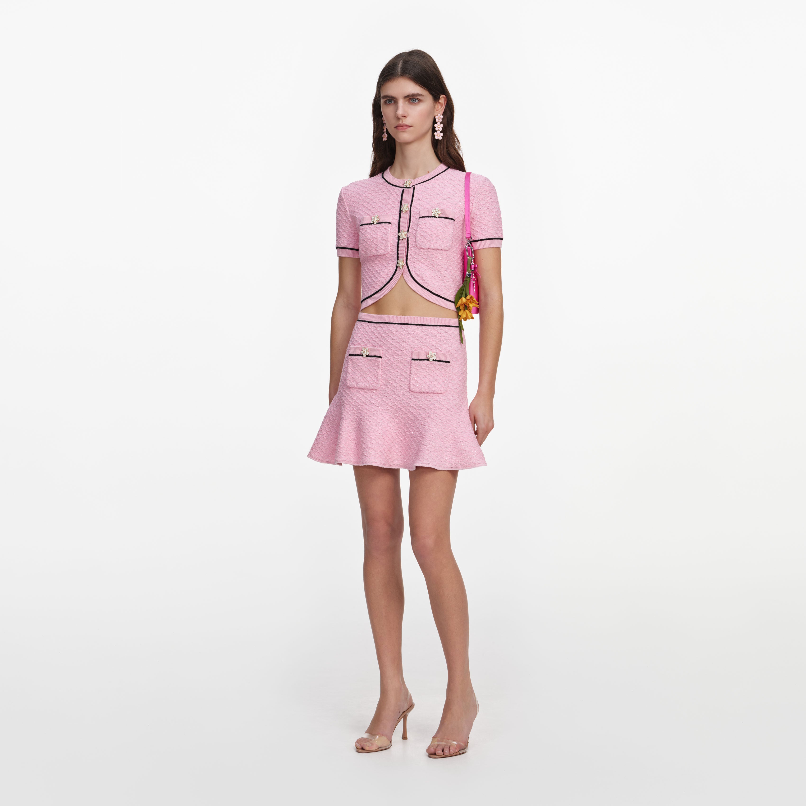 Self Portrait Pink Flower Knit Minirock Pink Waffle-Strick
