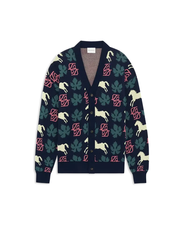 Drôle De Monsieur Horse Monogram Knit Cardigan Navy Baumwolle