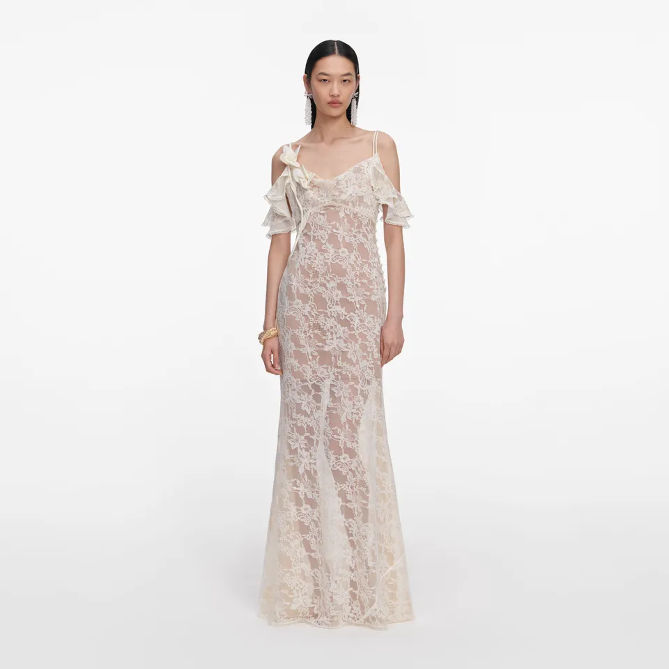 Self Portrait Cream Lace Flower Maxi Kleid Creme Spitze