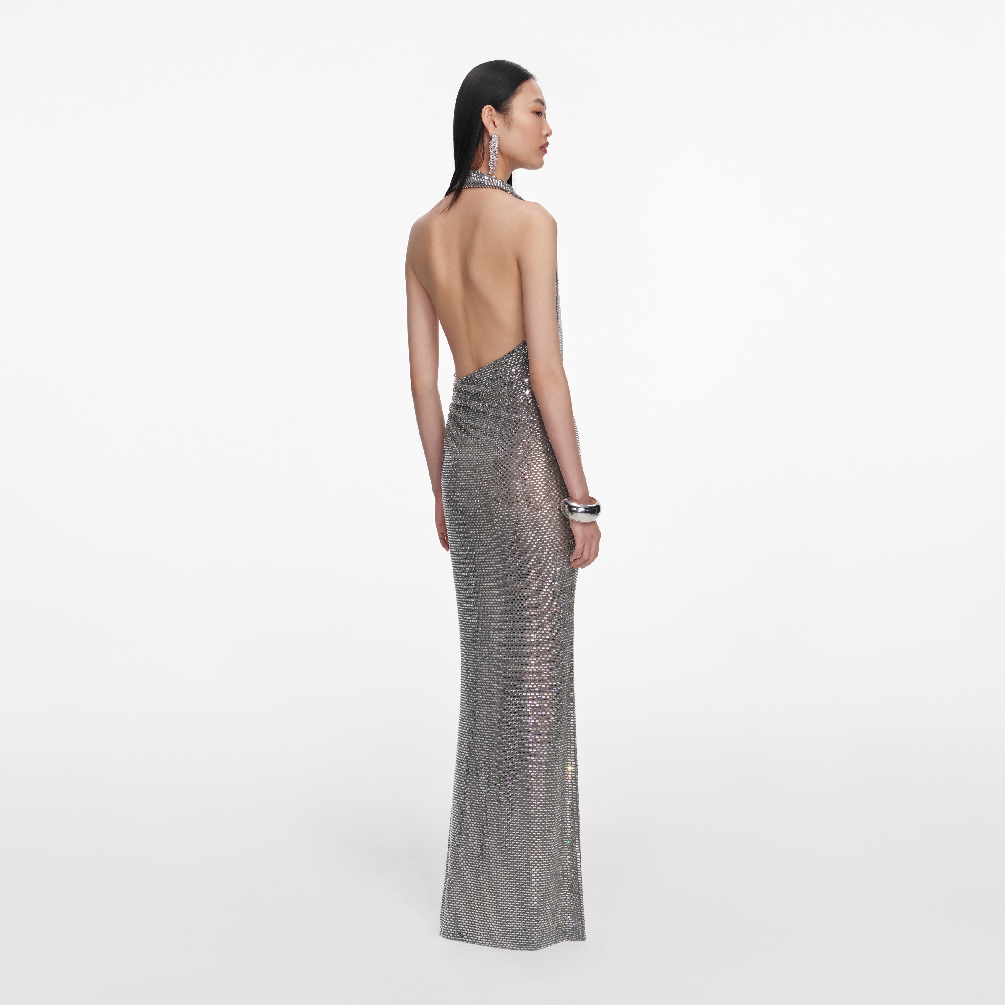 Self Portrait Grey Rhinestone Halter Maxi Kleid Grau Strass