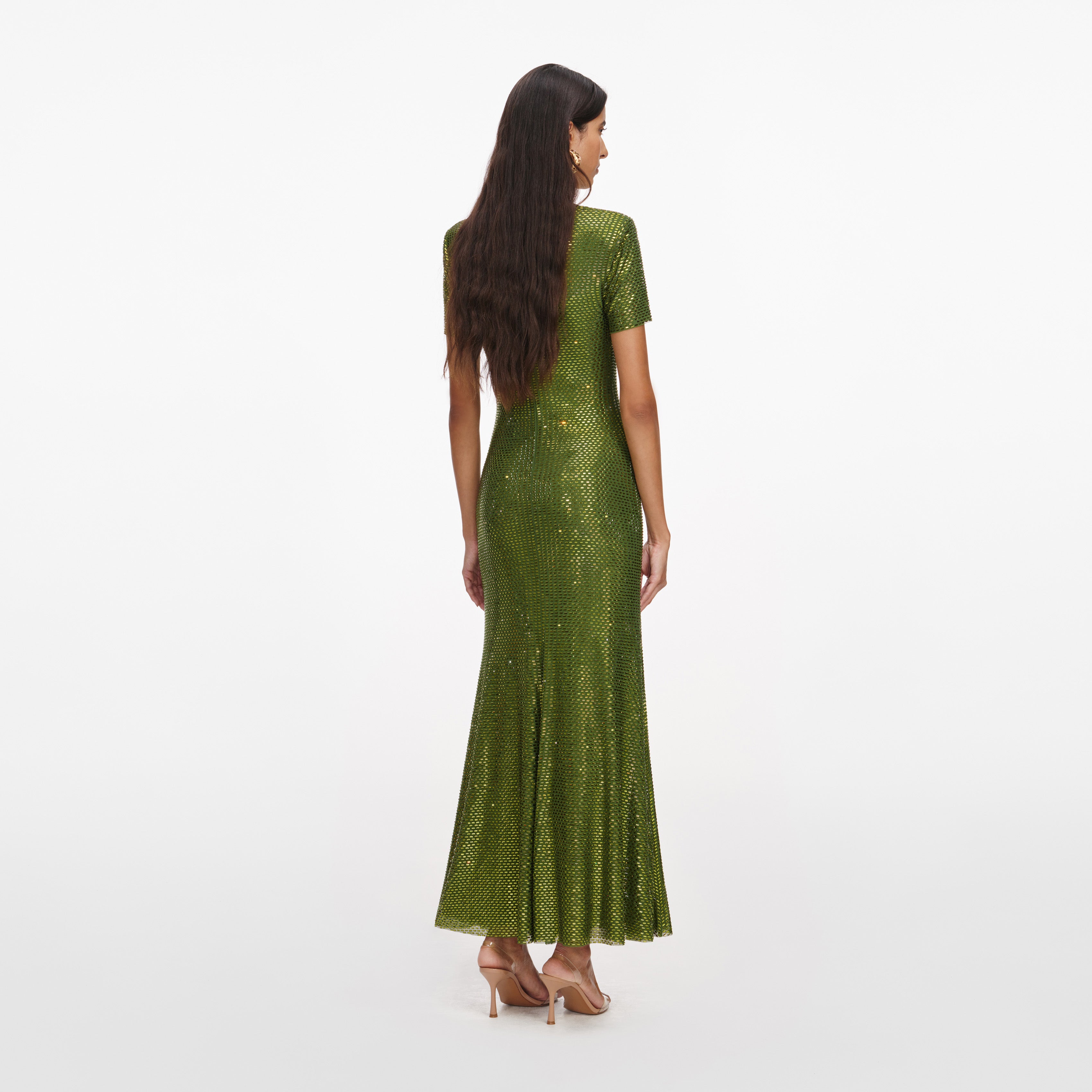 Self Portrait Olive Rhinestone Mesh Midikleid Grün Strass UK 4-16