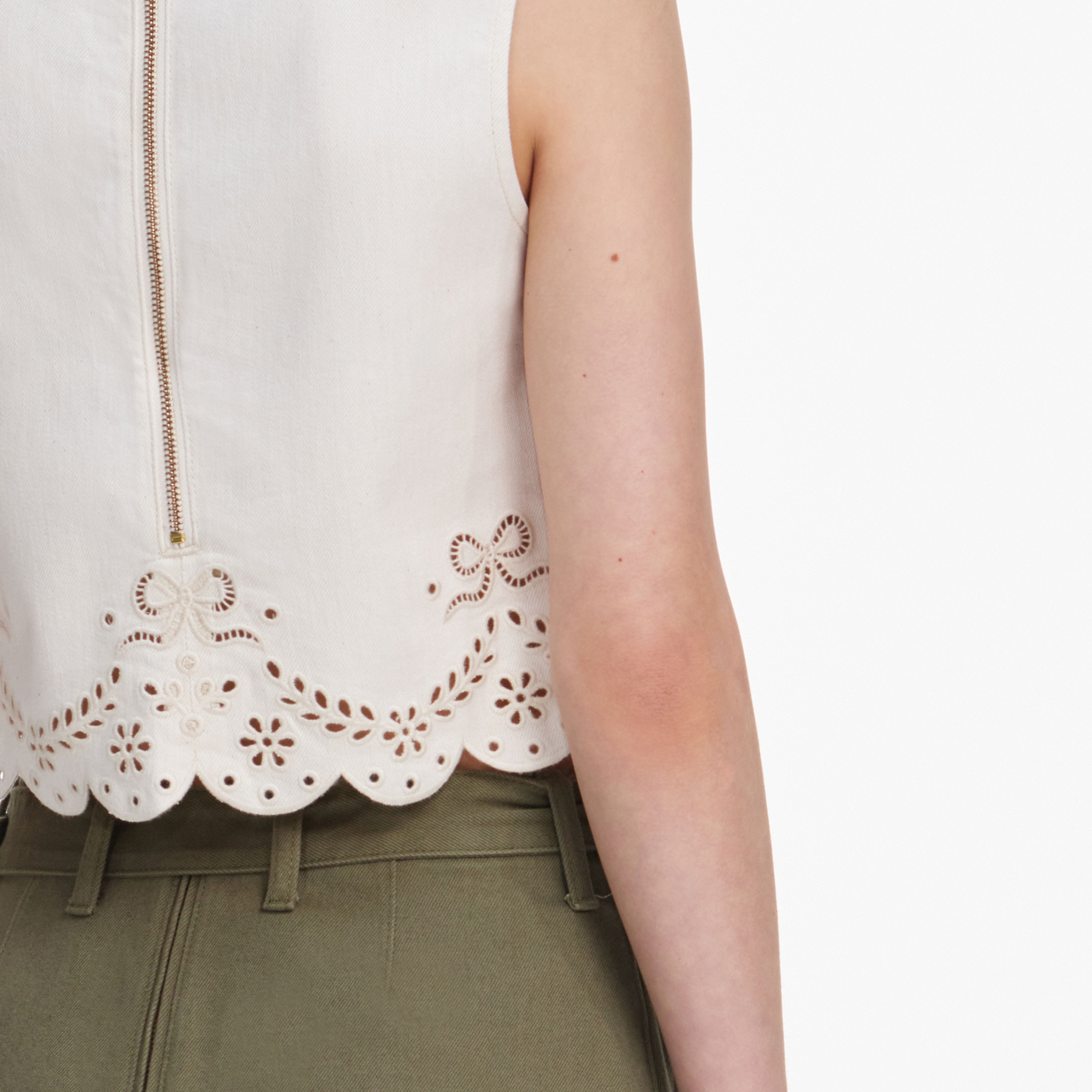 Self Portrait Denim Broderie Denim Top Creme Boxy