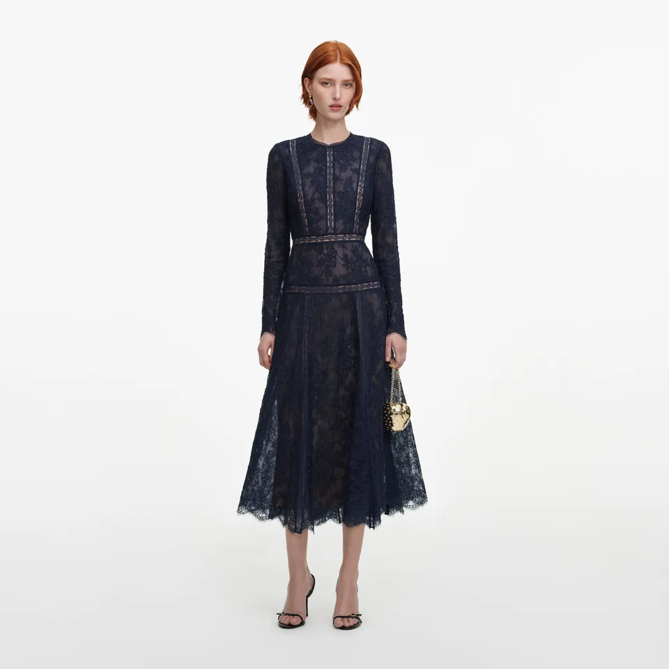 Self Portrait Navy Lace Midi Kleid Blau Spitze UK 6