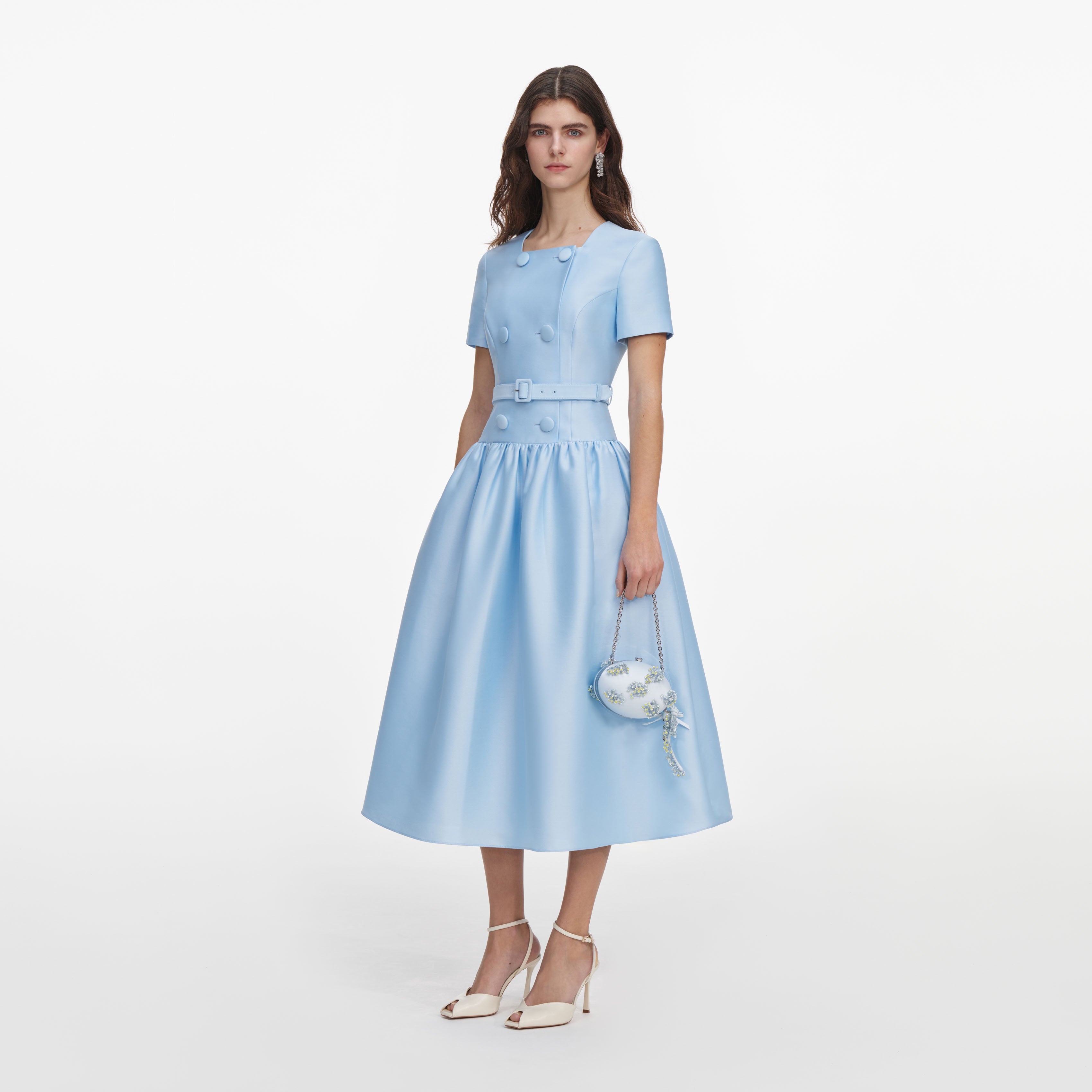 Self Portrait Blue Button Taffeta Midikleid Blau Taft