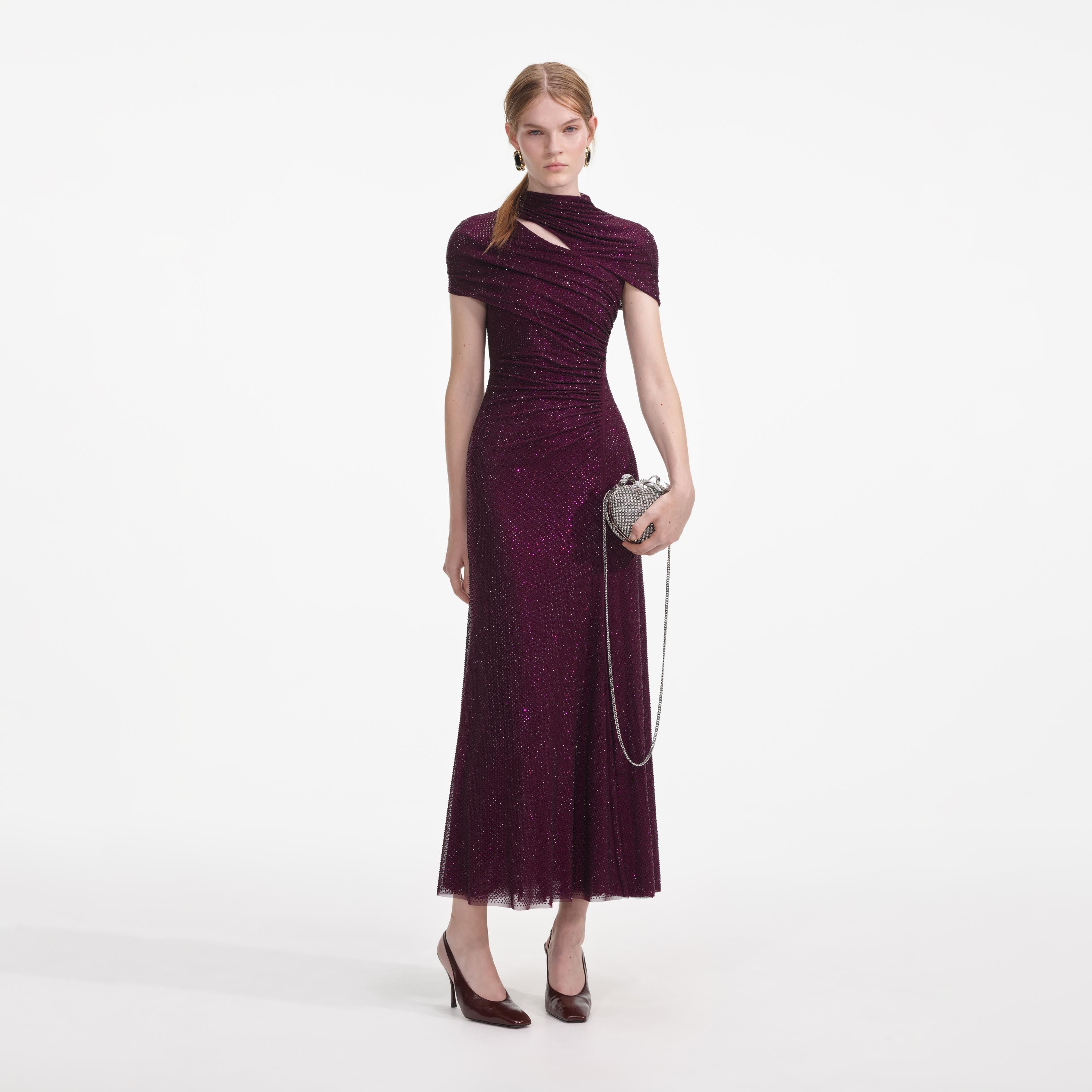 Self Portrait Burgundy Rhinestone Mesh Cut Out Midi Kleid UK 8