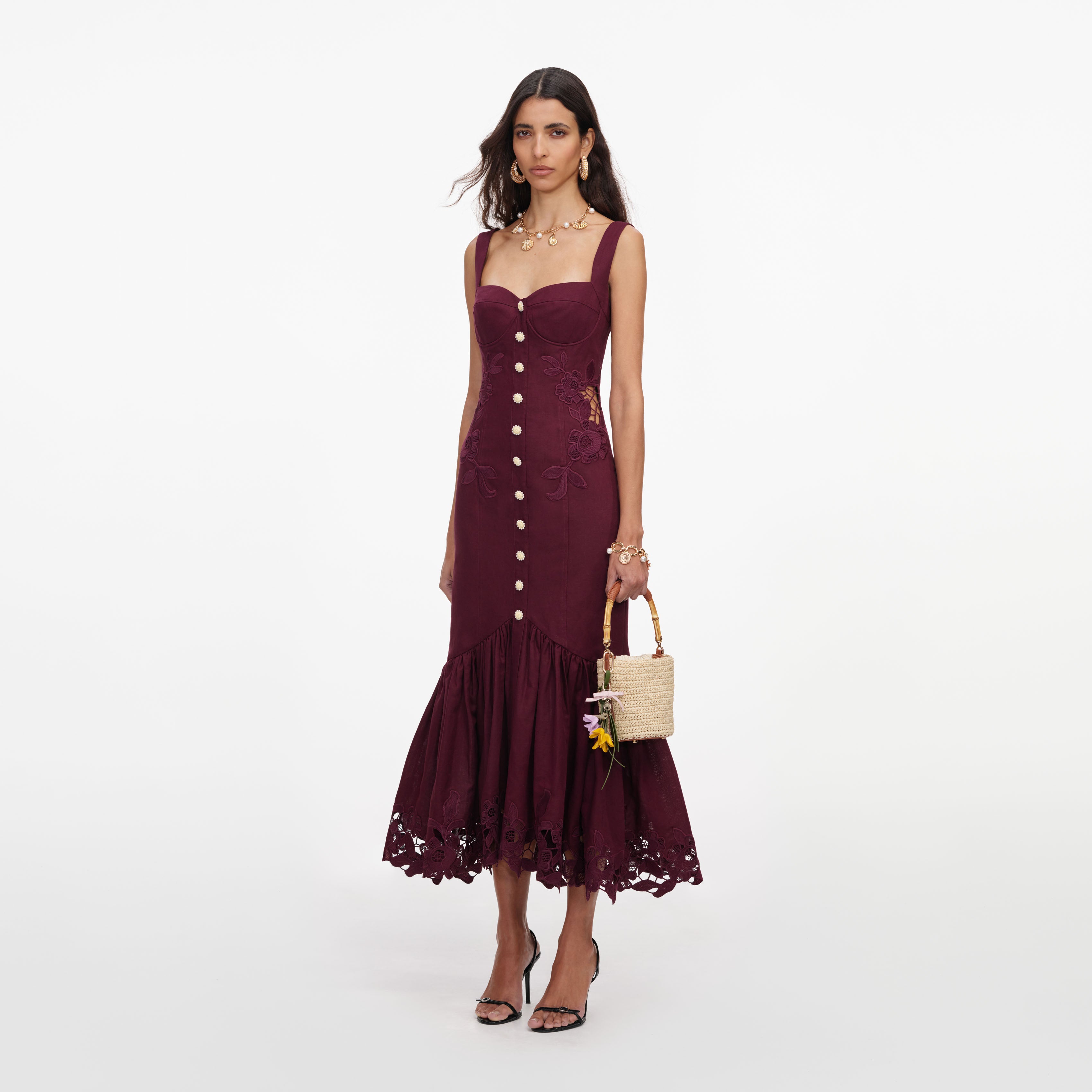 Self Portrait Plum Linen Blend Lace Insert Midi Kleid UK 6