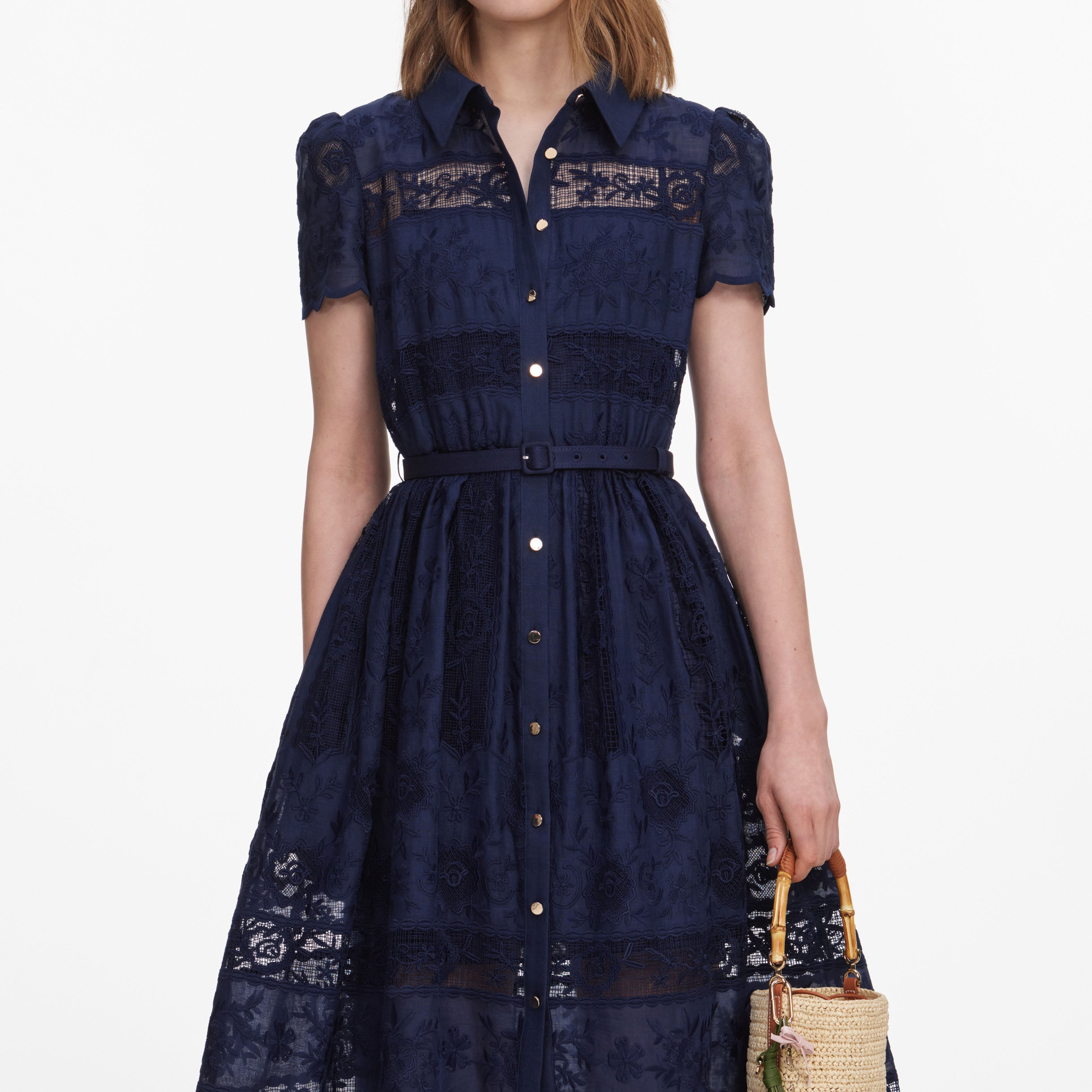 Self Portrait Navy Ramie Hemd-Midikleid Navy Spitze