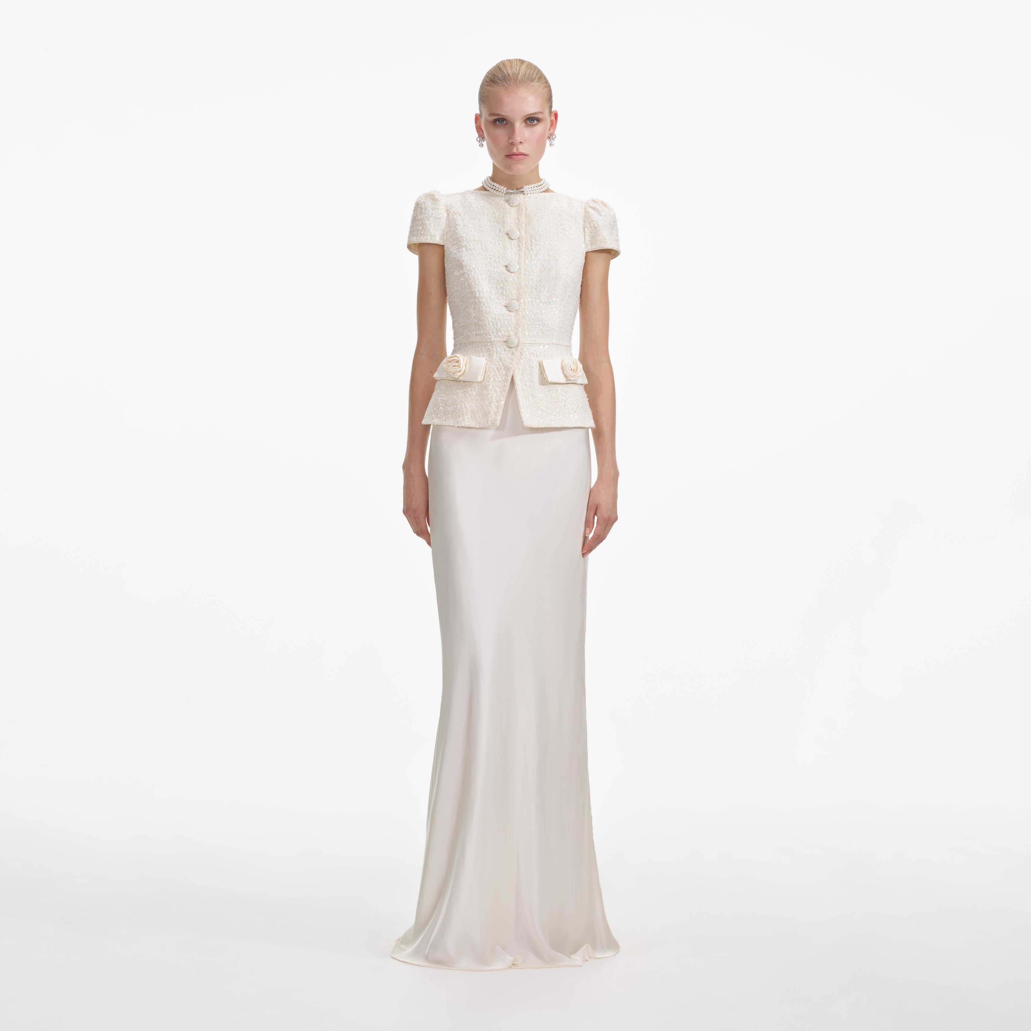 Self Portrait Cream Boucle Bow Maxi Kleid Creme Taschen