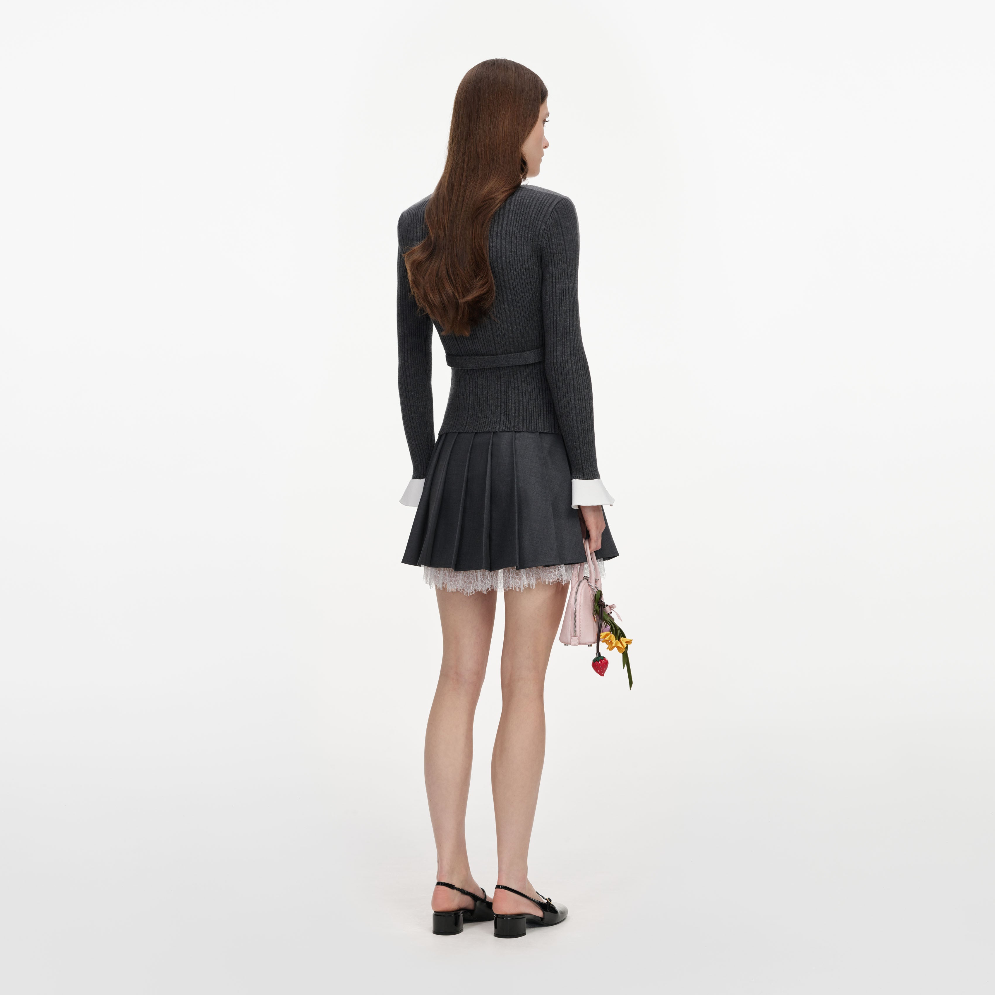 Self Portrait Grey Ribbed Knit Cardigan grau Rippstrick