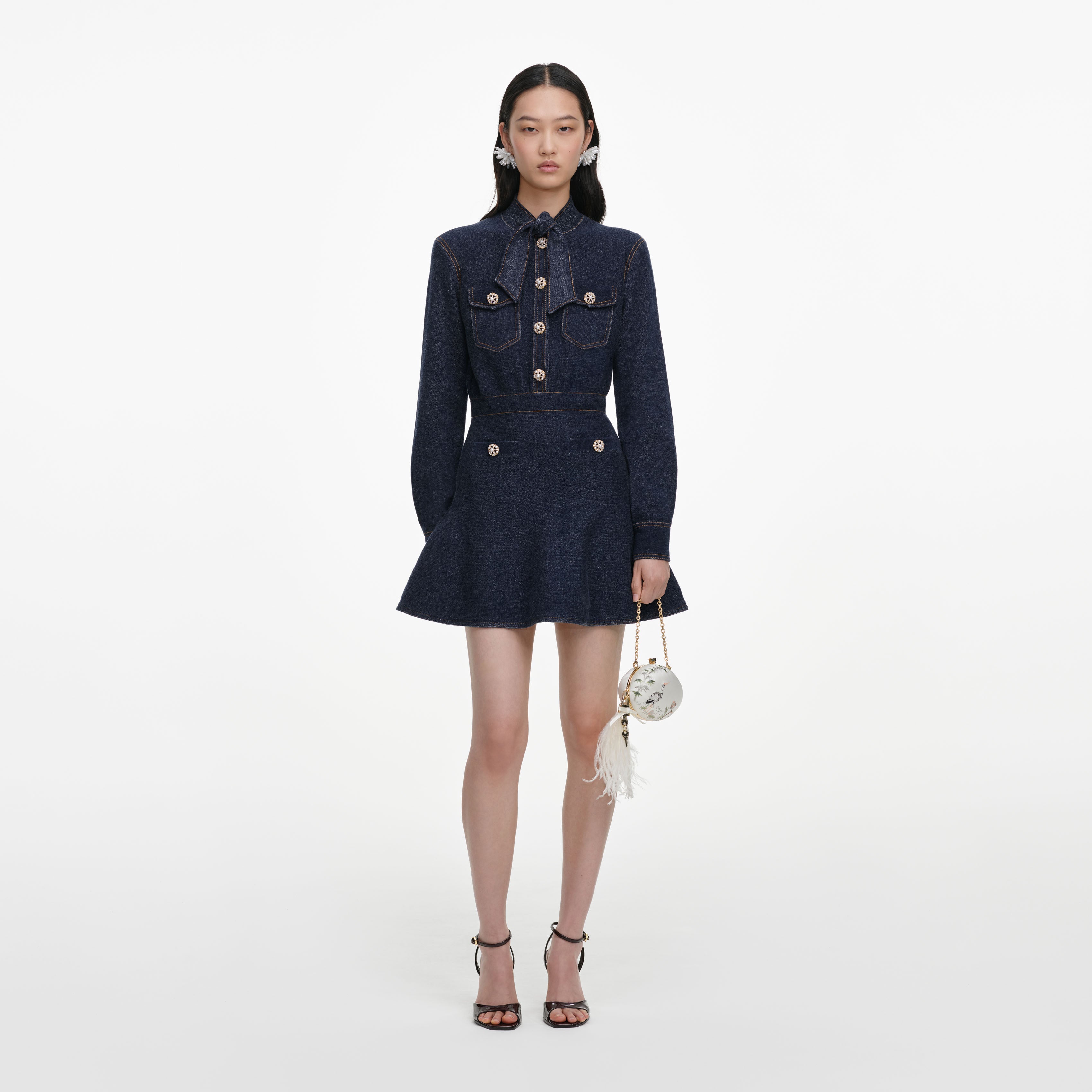 Self Portrait Navy Textured Knit Minikleid Blau Strick