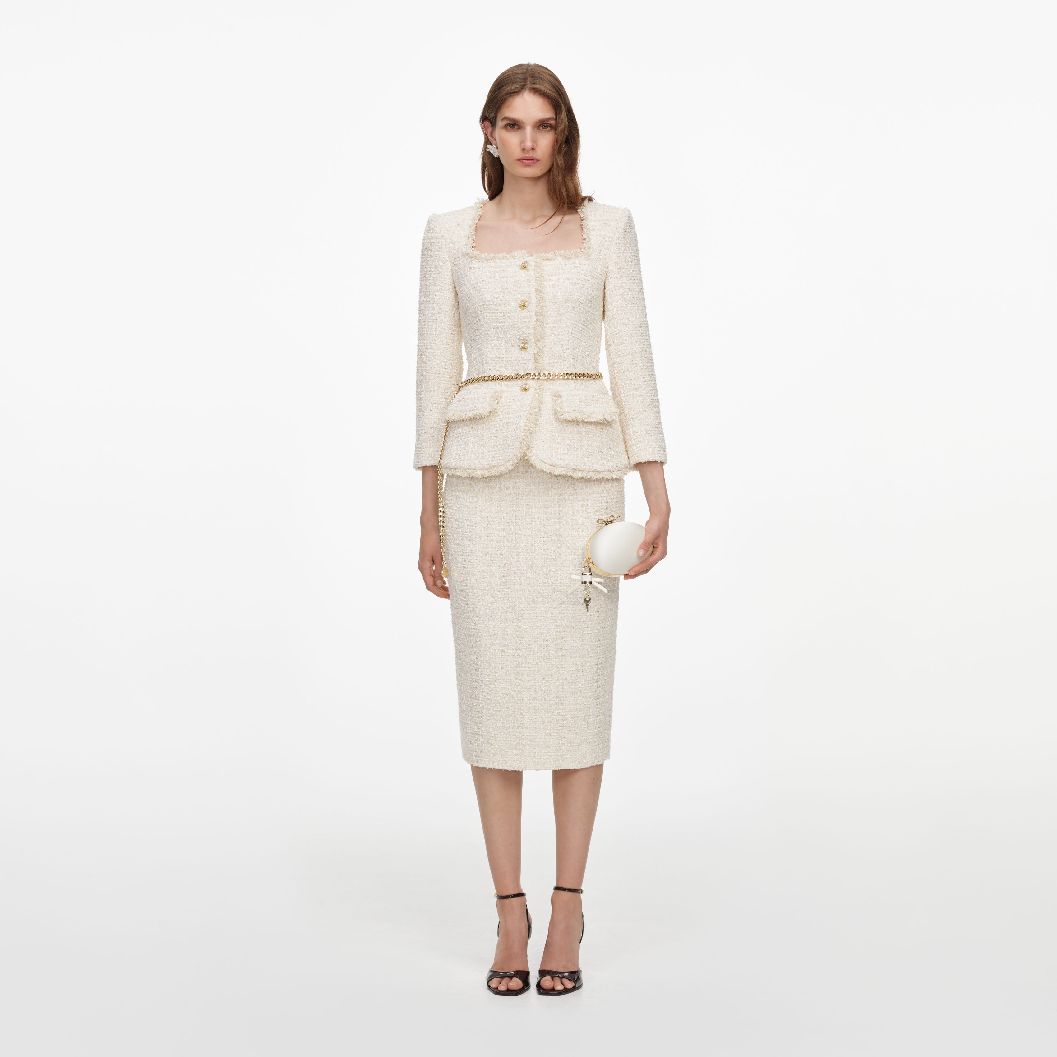 Self Portrait Dresses Cream Boucle Midikleid Creme mit Kette