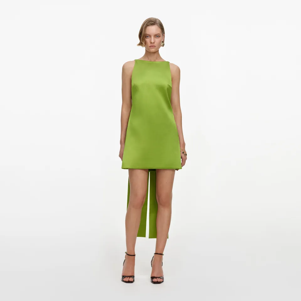 Self Portrait Green Satin Bow Mini Kleid Grün Satin