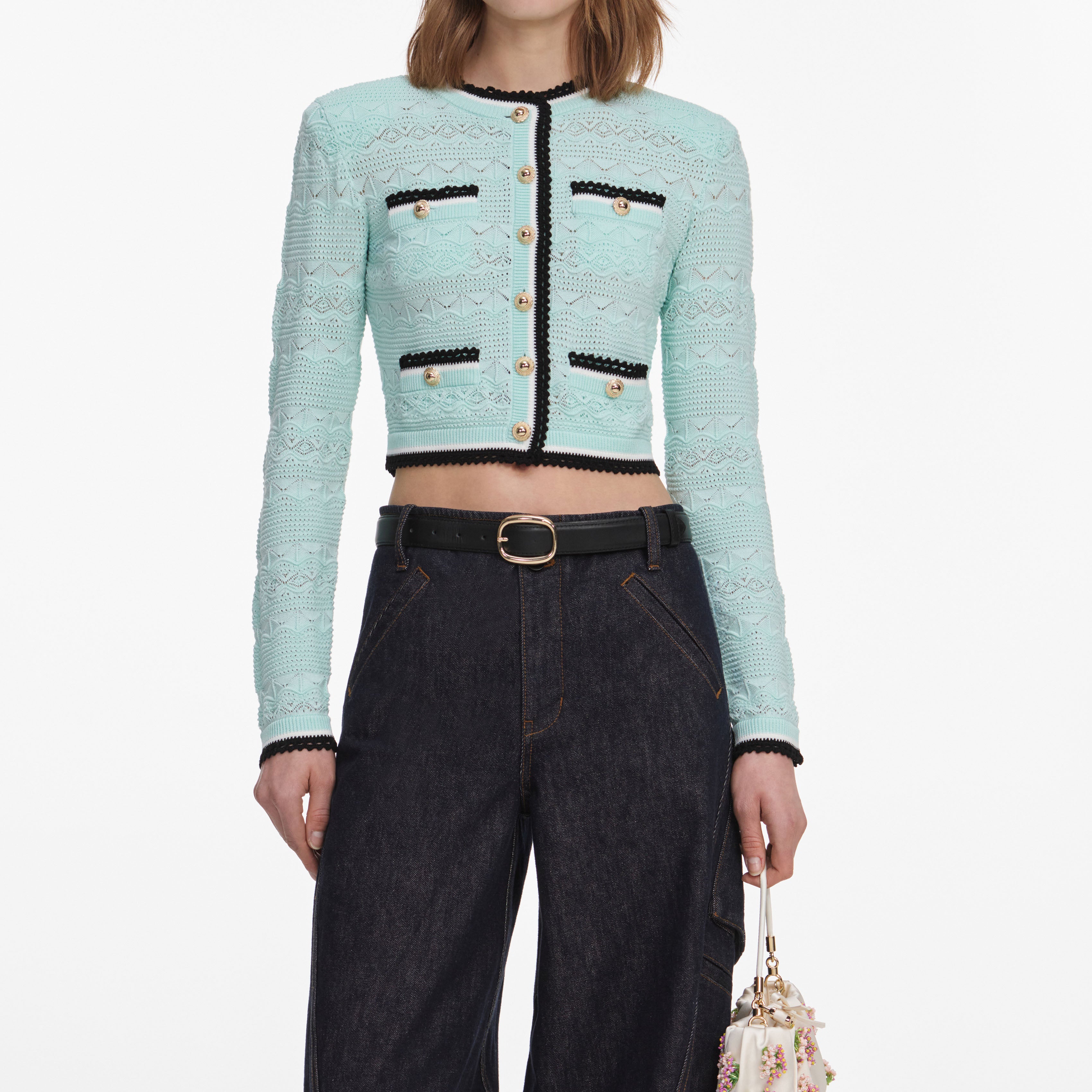 Self Portrait Mint Pointelle Strickjacke Mint Goldknöpfe