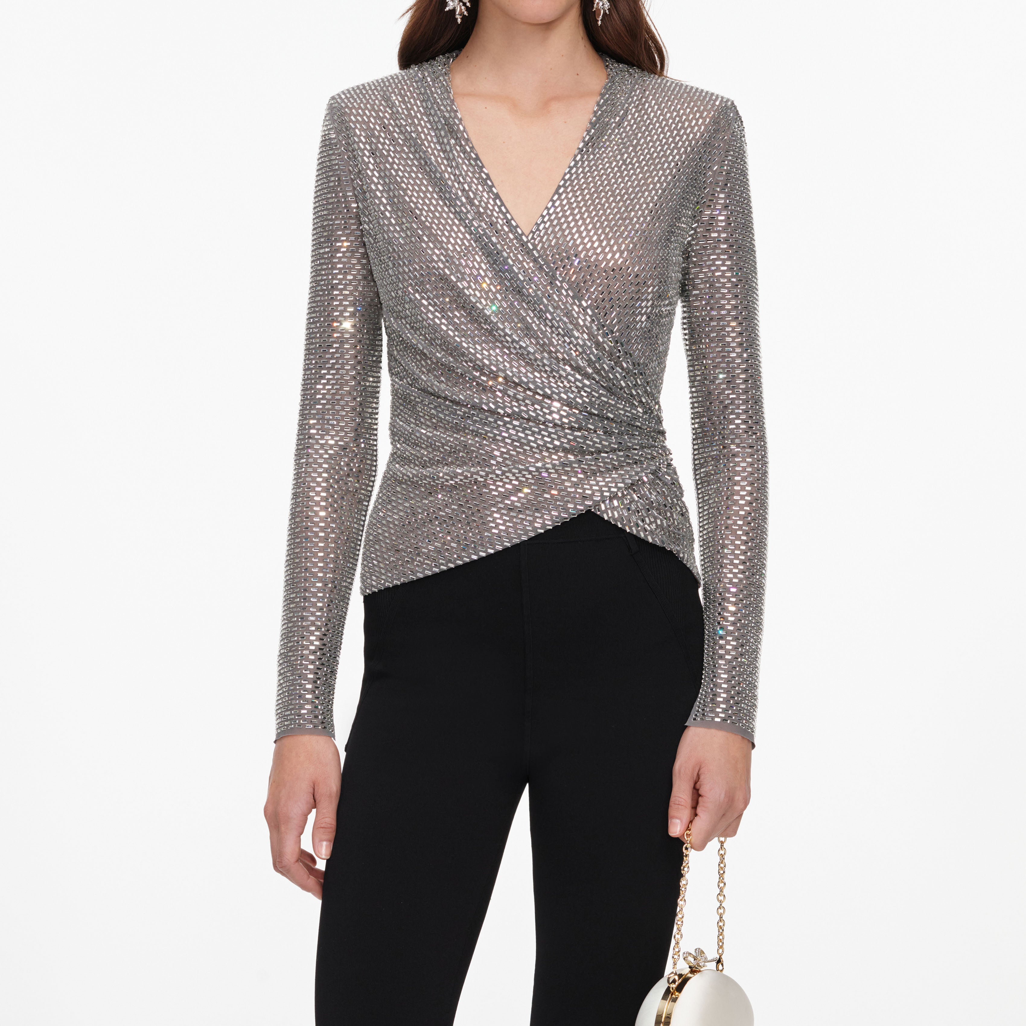 Self Portrait Grey Rhinestone Mesh Wrap Top grau Strass