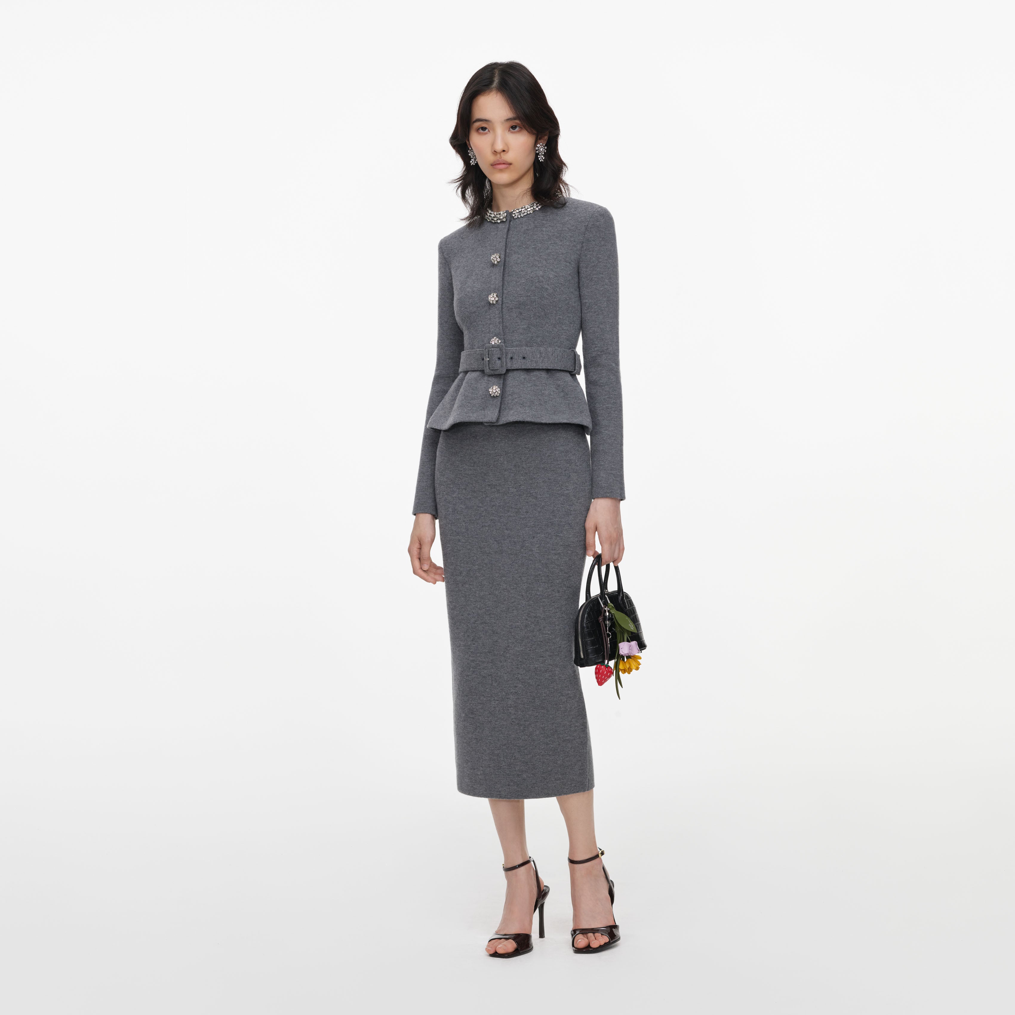 Self Portrait Grey Crystal Trim Midi Kleid Grau Strick Kristall