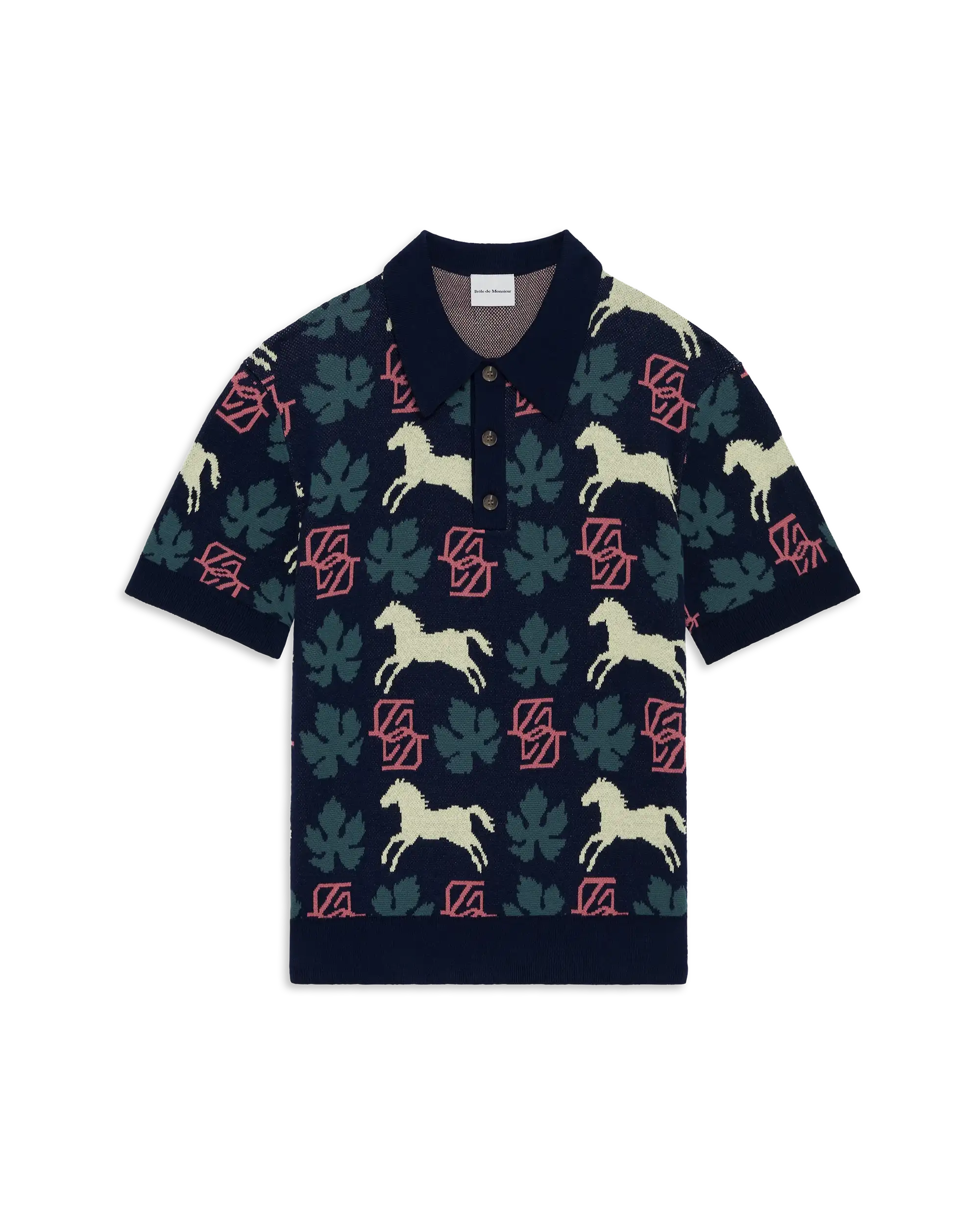 Drôle De Monsieur Horse Monogram Knit Polo Strickpolo navy