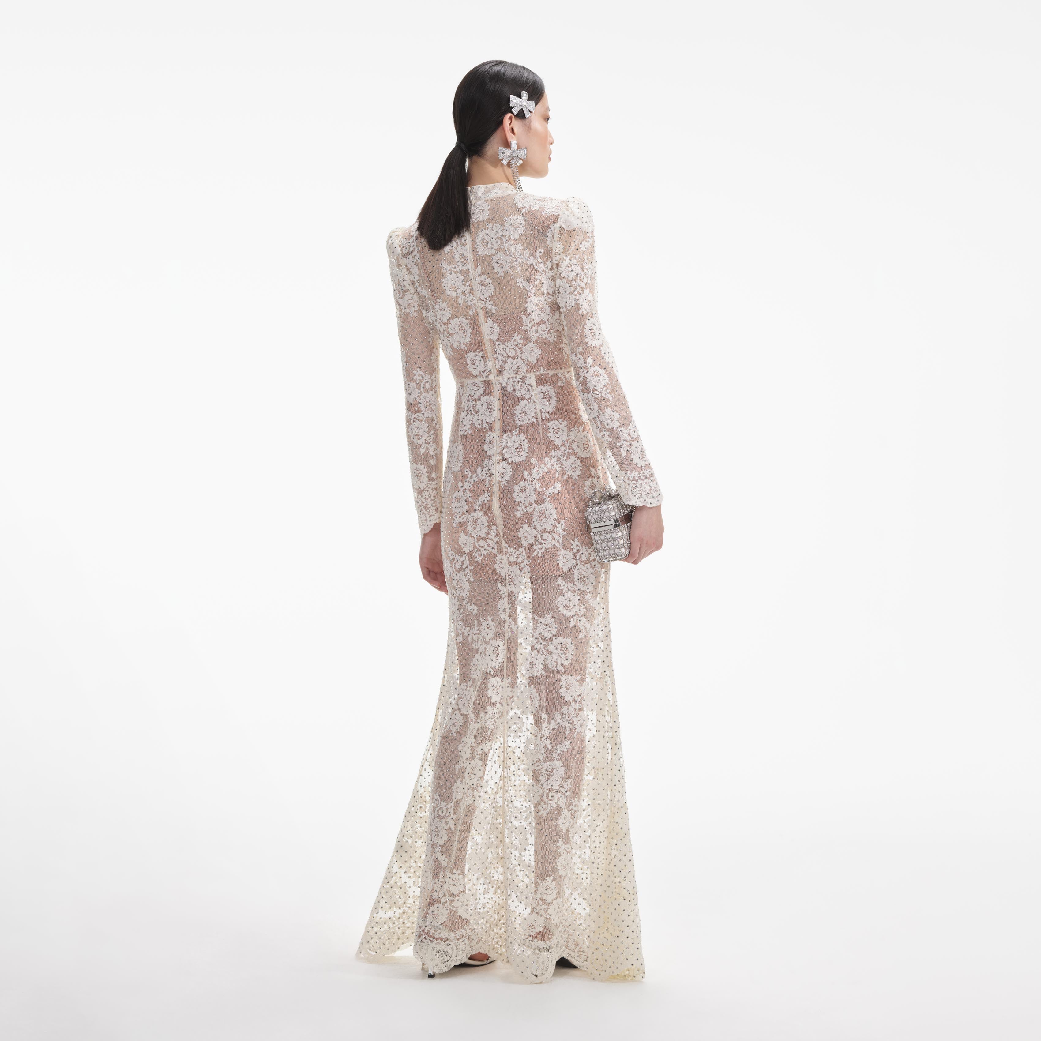 Self Portrait White Rhinestone Lace Maxi Kleid Weiß Strass