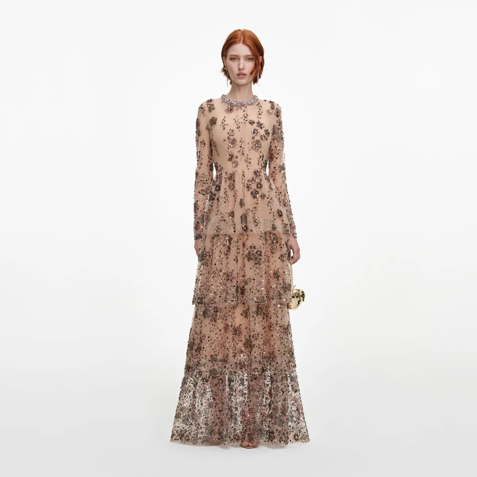 Self Portrait Beige Sequin Maxi Kleid Beige Pailletten