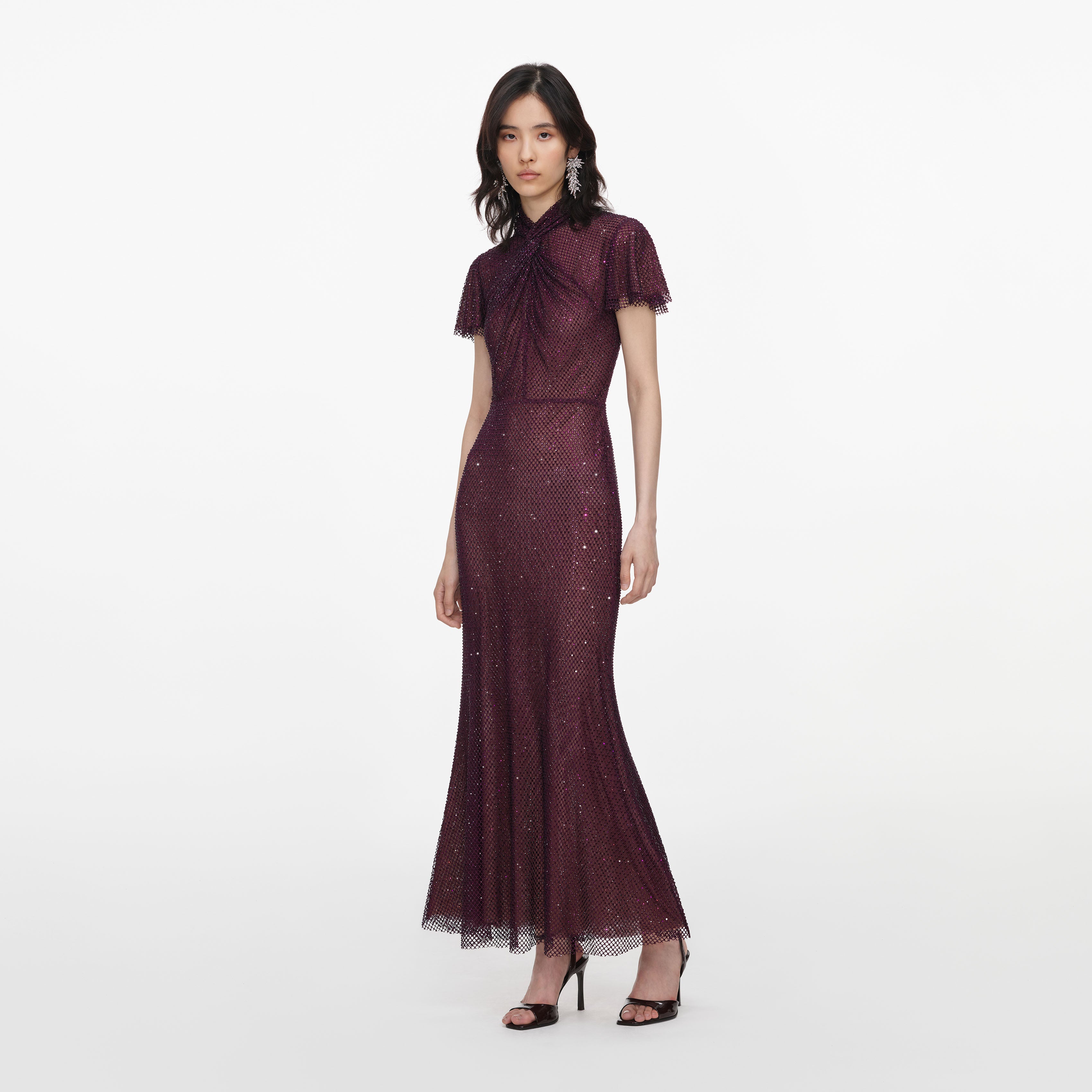 Self Portrait Burgundy Rhinestone Fishnet Midi Kleid Bordeaux