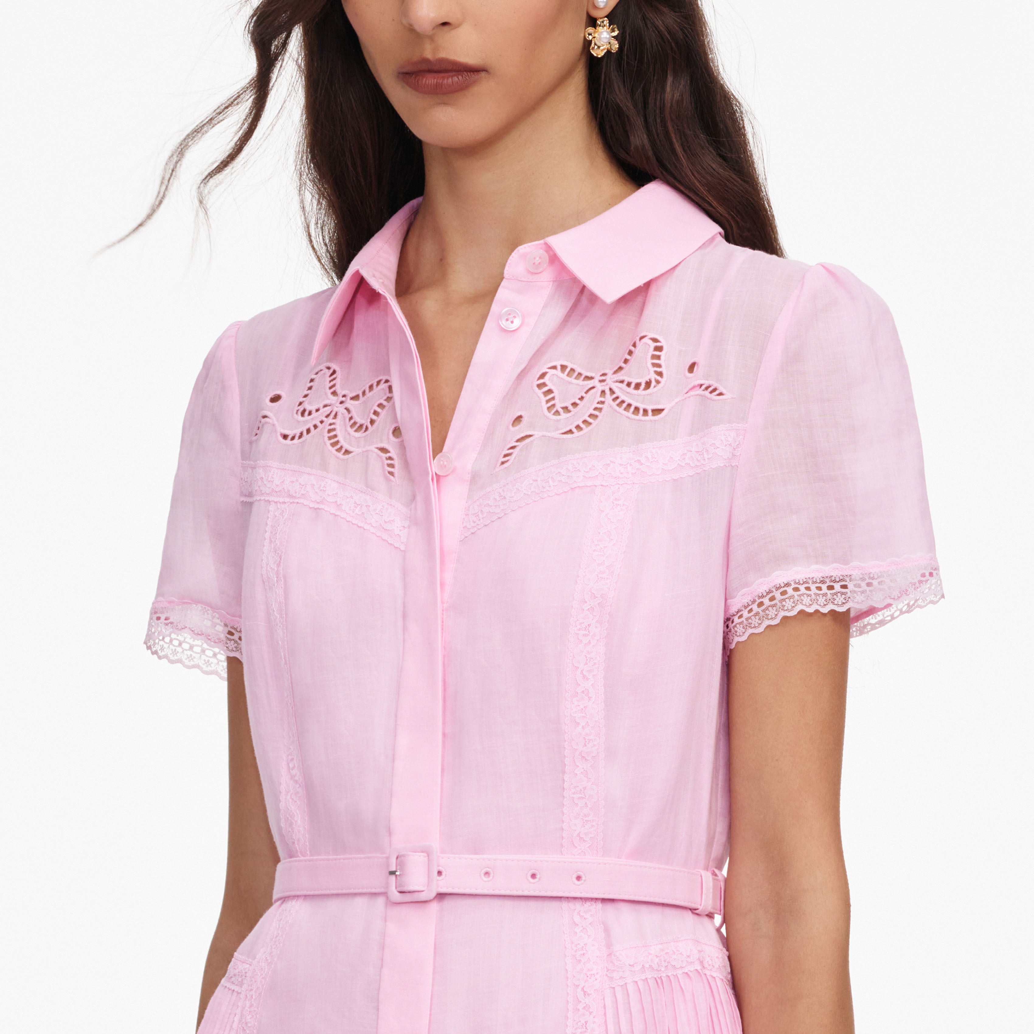 Self Portrait Embroidered Midi Kleid Pink Leinen Stickerei