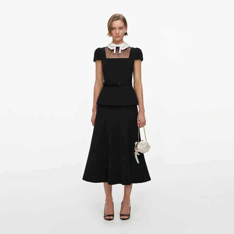 Self Portrait Black Bow Peplum Midikleid Schwarz UK 10