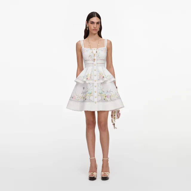 Self-Portrait White Floral Linen Peplum Minikleid Weiß