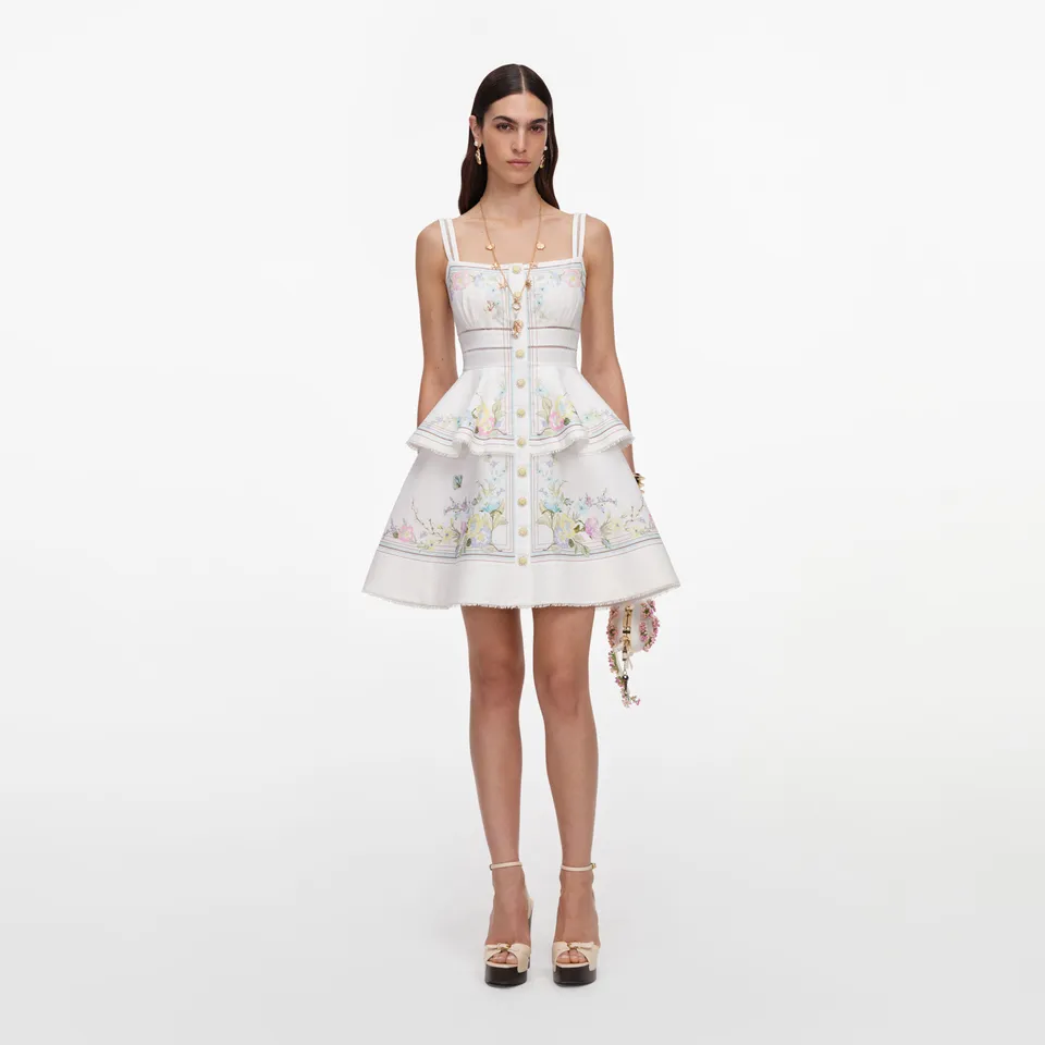 Self-Portrait White Floral Linen Peplum Minikleid Weiß