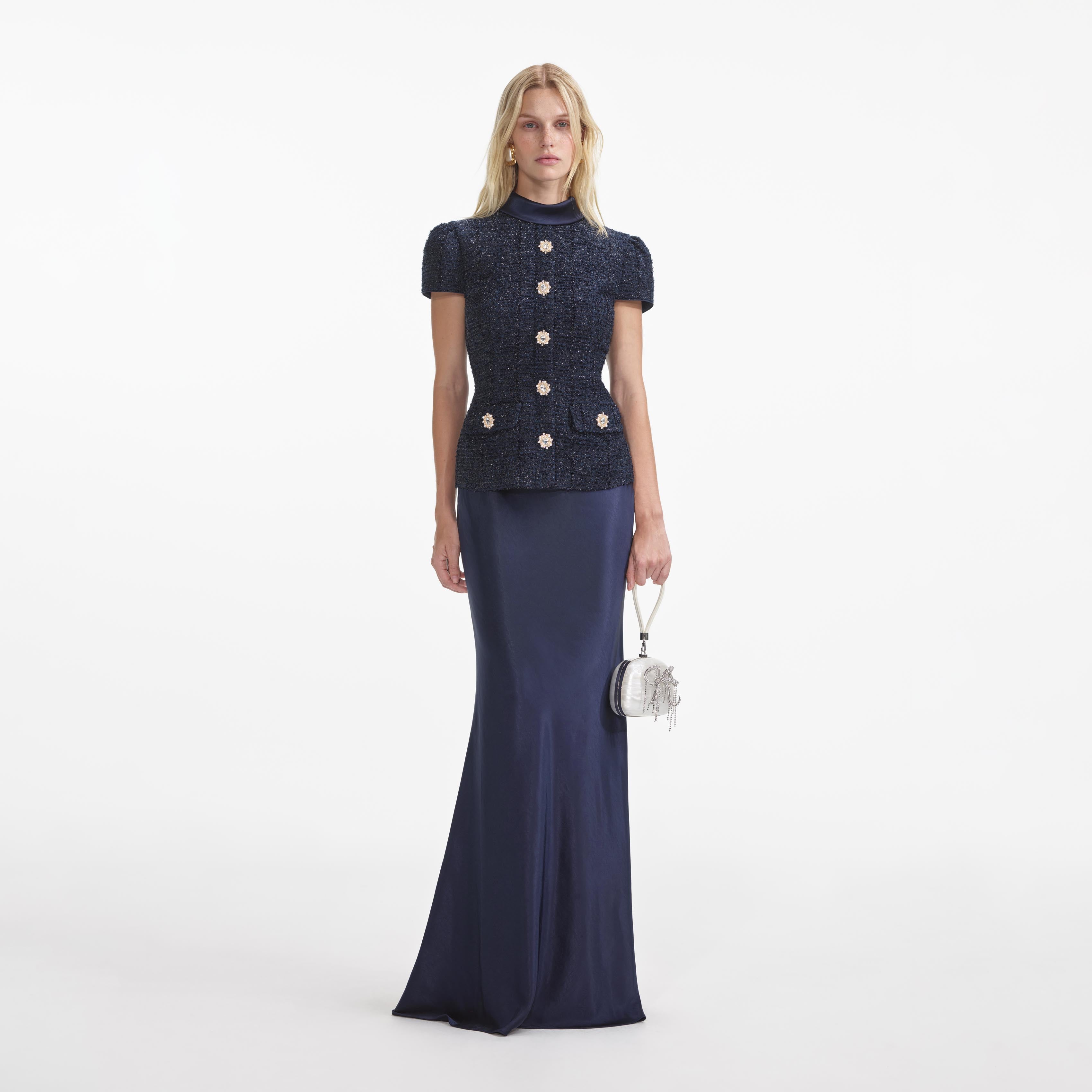 Self Portrait Navy Metallic Boucle Maxikleid Navy Metallic