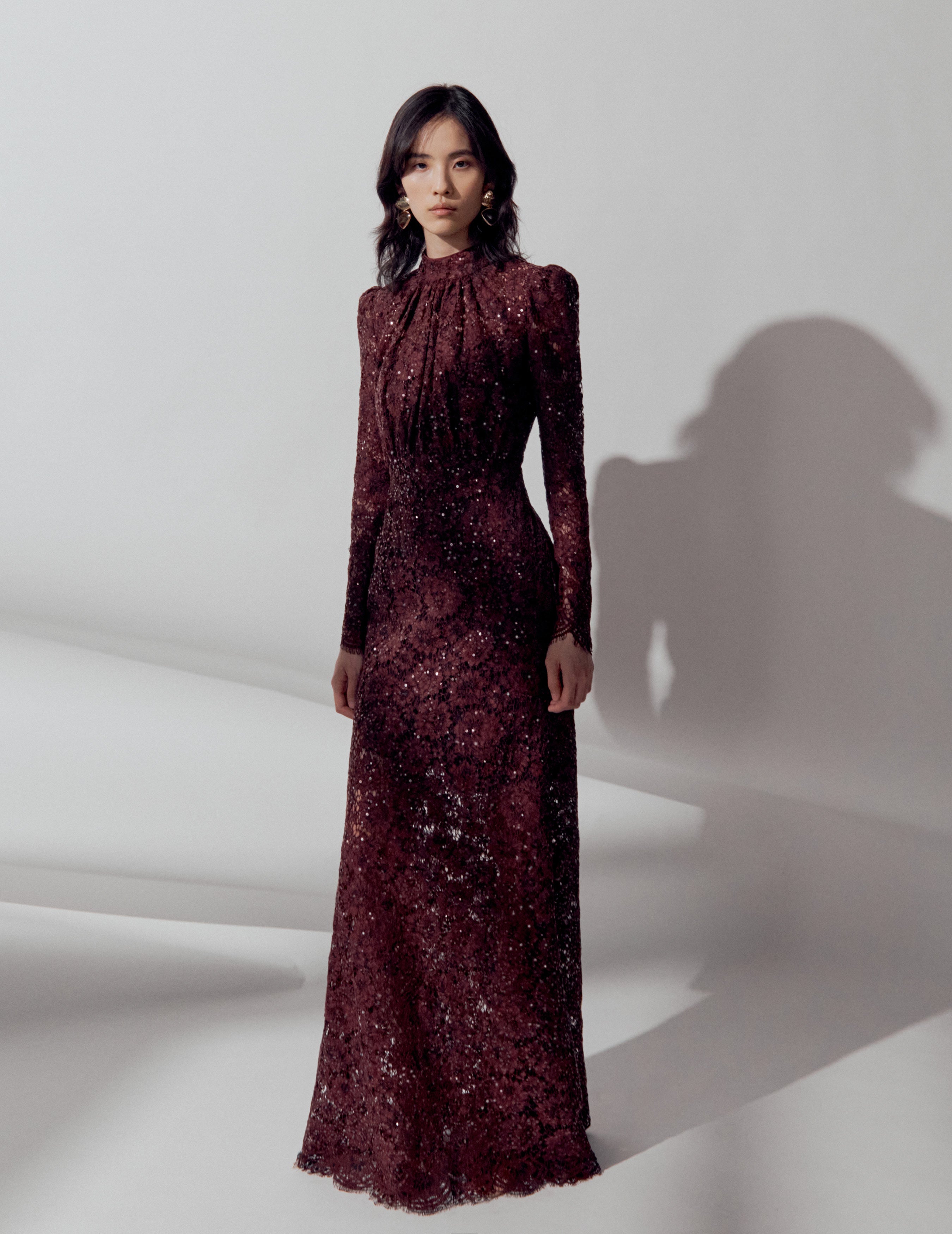 Self Portrait Burgundy Sequin Lace Maxikleid Bordeaux Spitze