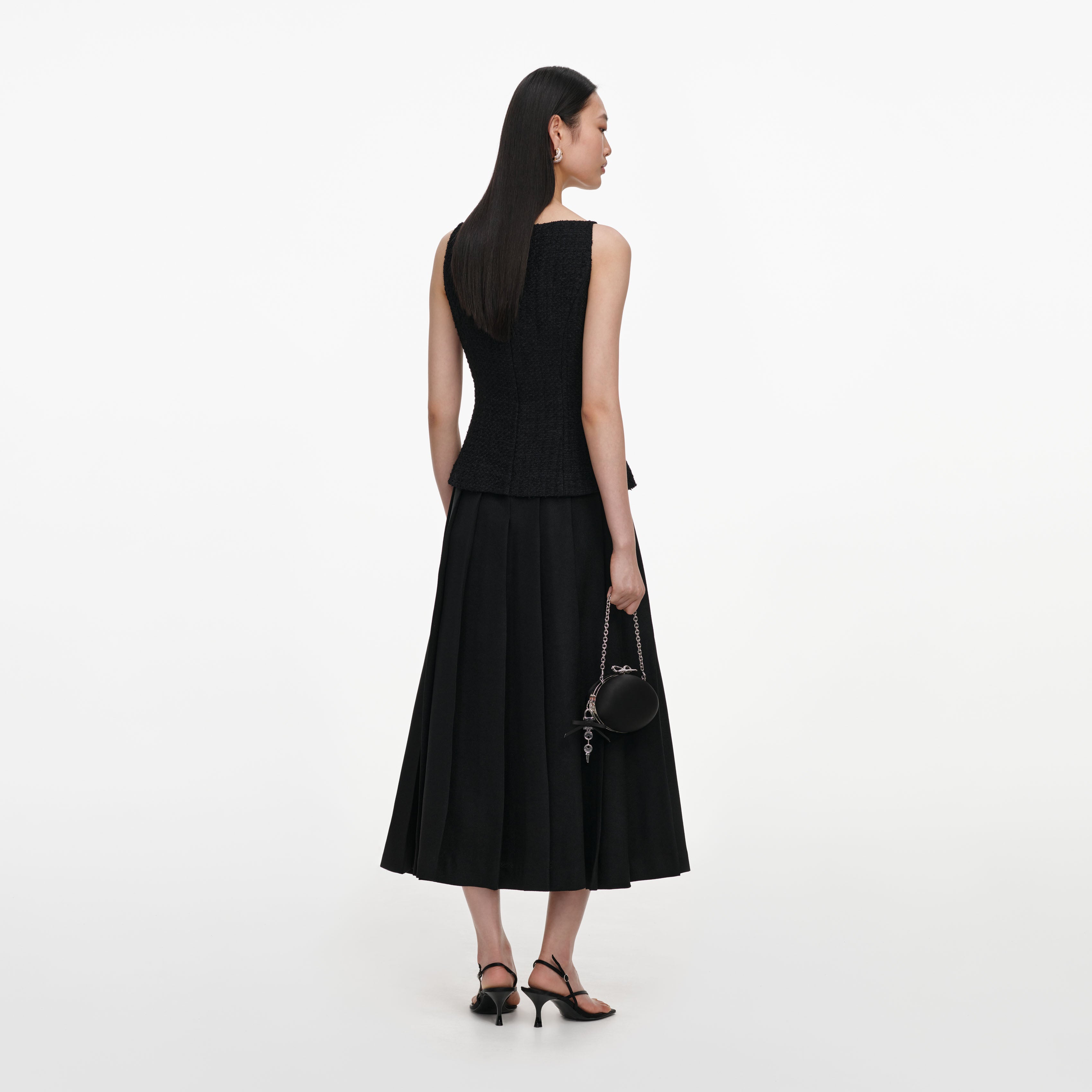 Self Portrait Black Boucle Crepe Midi Kleid Schwarz Knopf