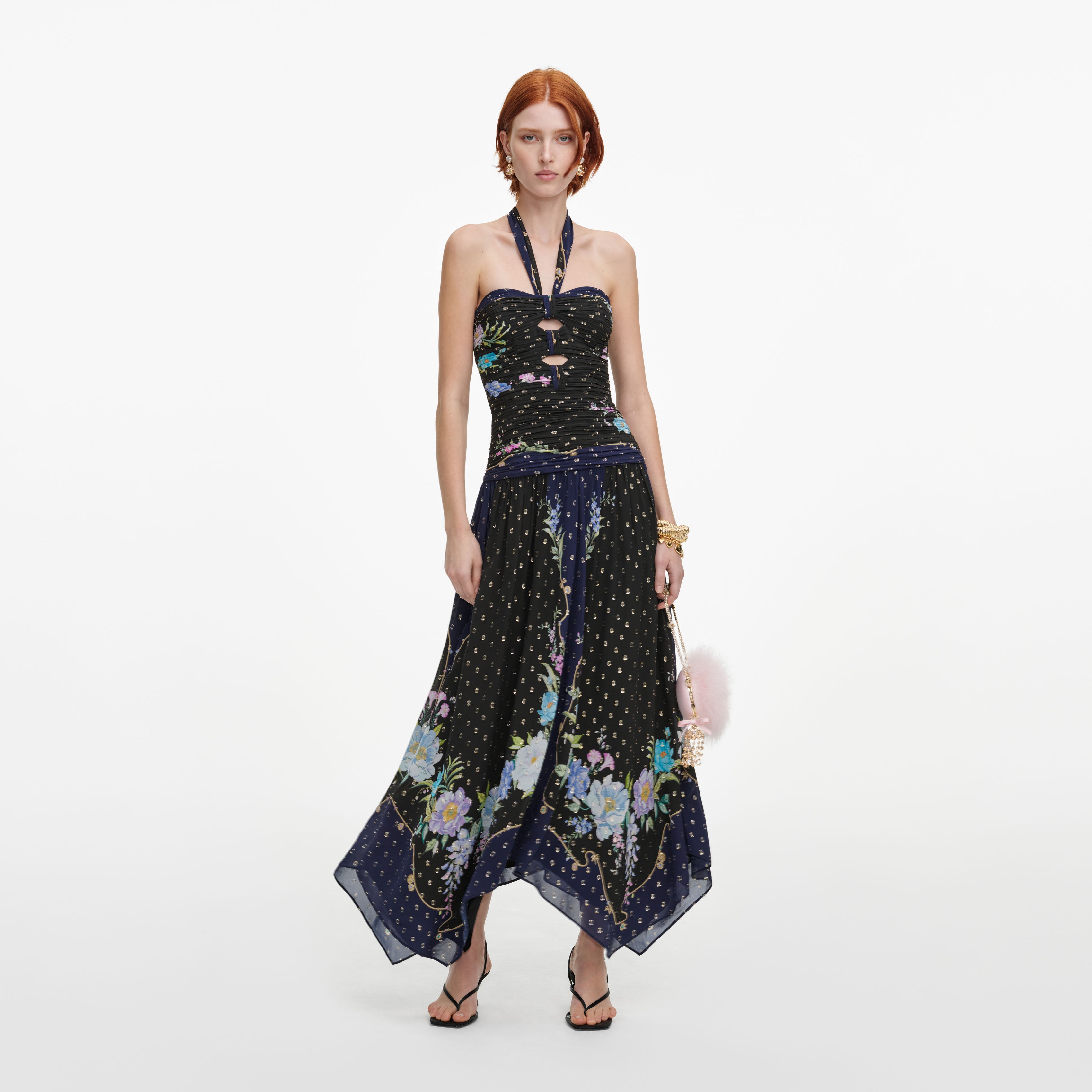 Self Portrait Navy Metallic Chiffon Midikleid Blau