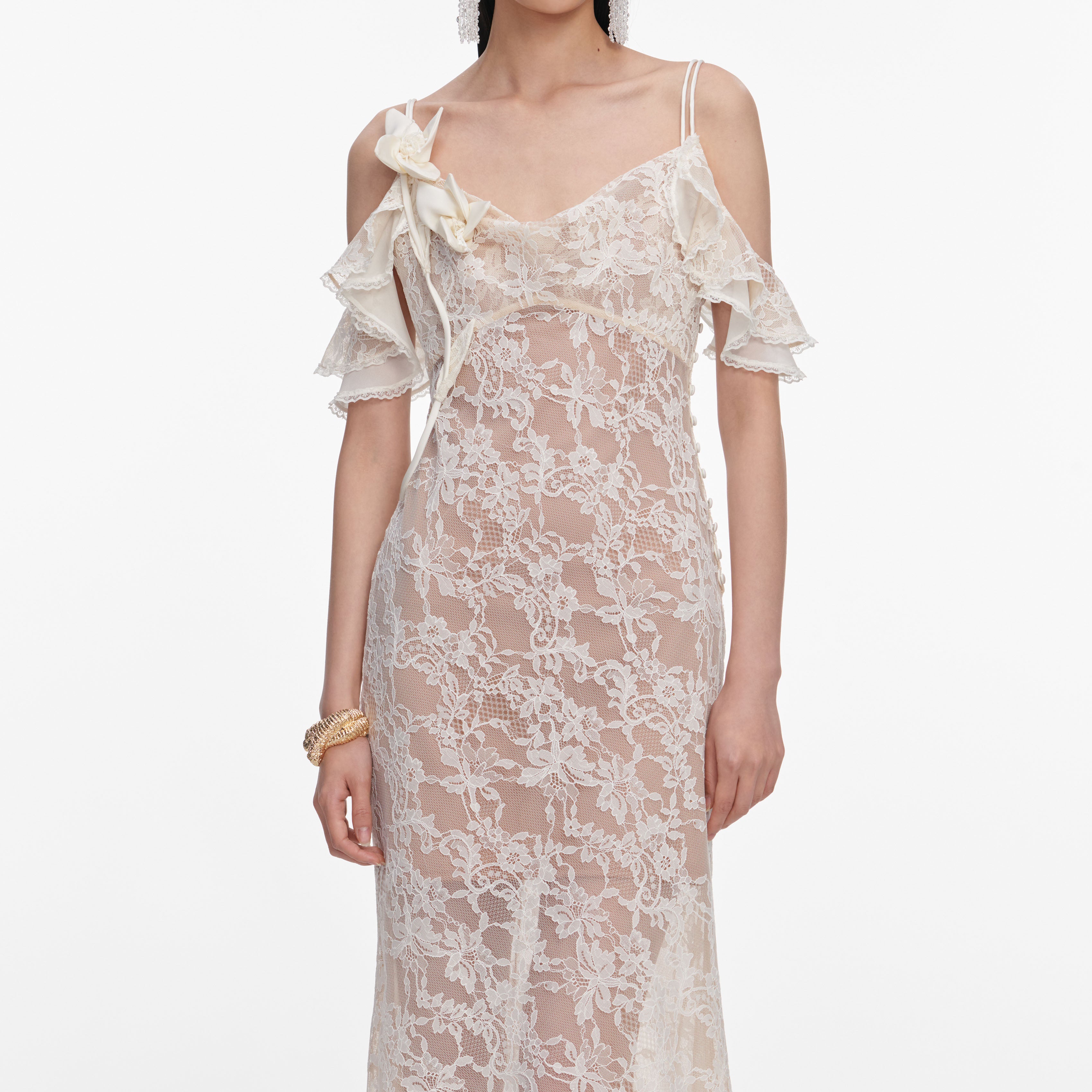 Self Portrait Cream Lace Flower Maxi Kleid Creme Spitze