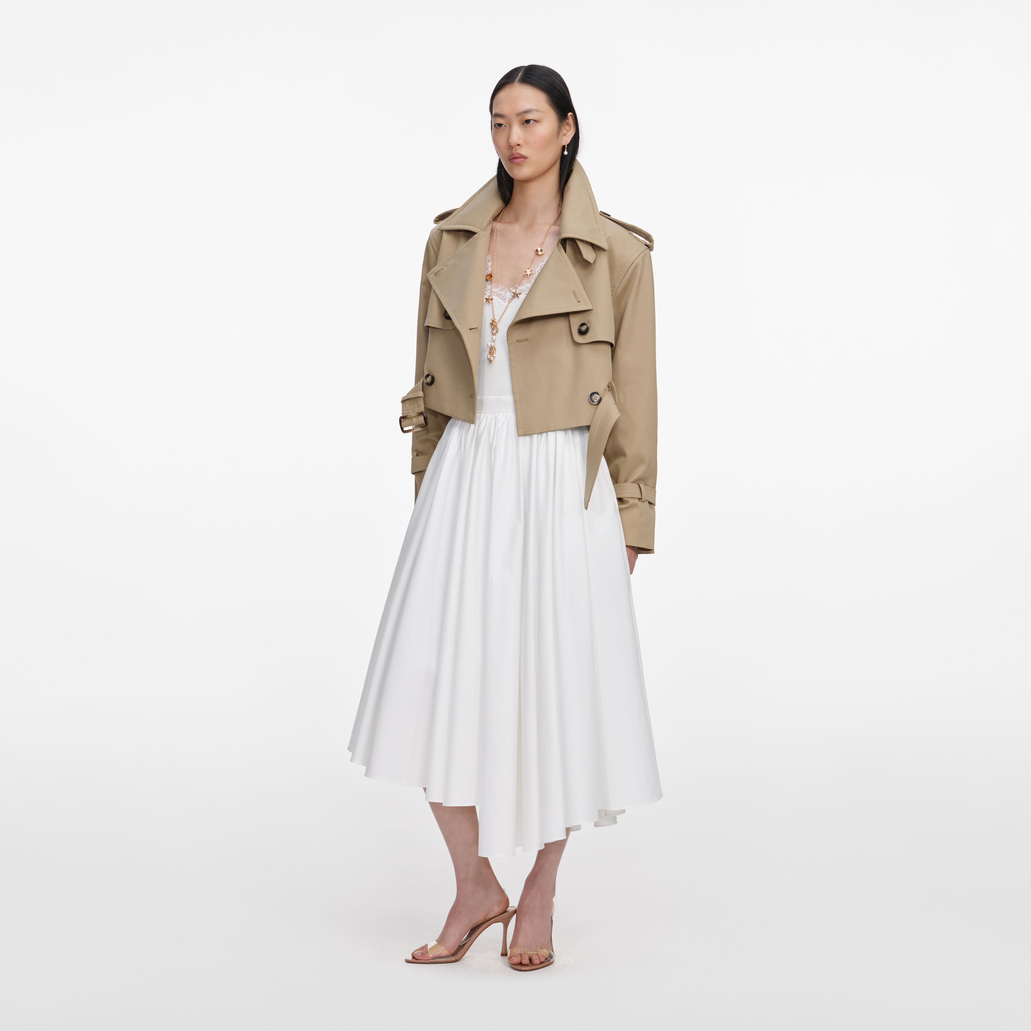 Self Portrait Cropped Trench Jacke Beige Baumwolle