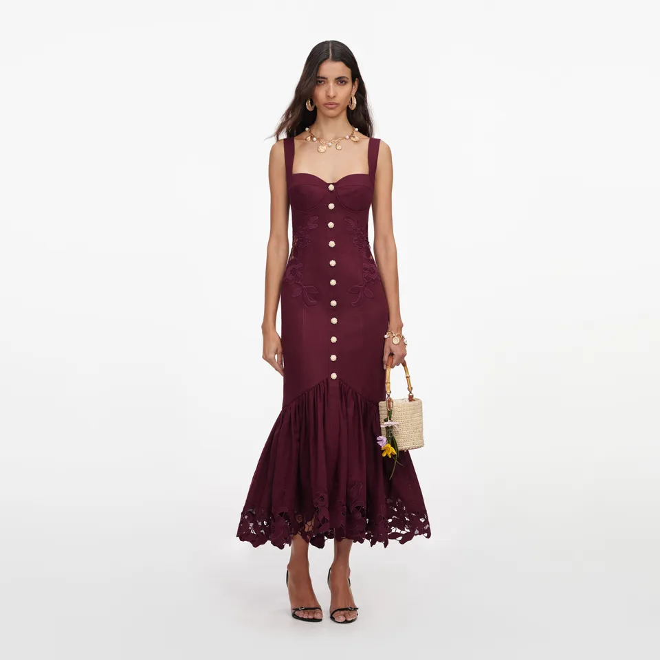 Self Portrait Plum Linen Blend Lace Insert Midi Kleid UK 6